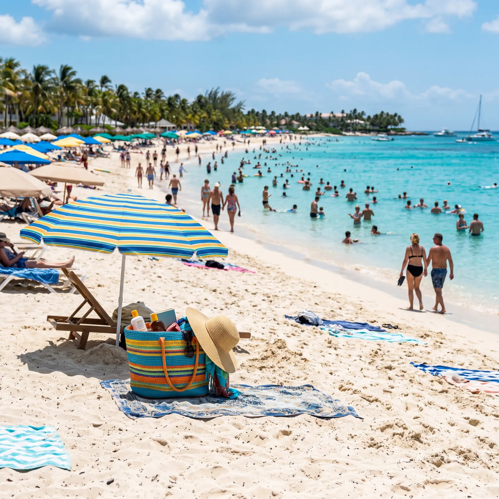 Beach bag left unattended on a crowded Caribbean beach while tourists swim in the water in the background, sun umbrella, editorial travel photography, photorealistic, no text, no watermark, 16:9