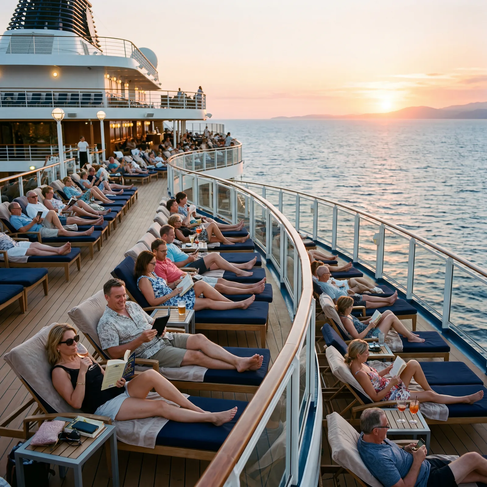 Cruise ship deck with sun loungers, passengers reading, enjoying drinks, calm blue ocean stretching to the horizon, warm golden hour, travel photography, photorealistic, no text, no watermark, 16:9