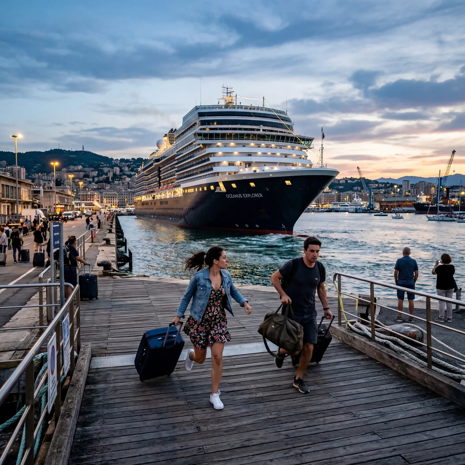 cruise ship leaving port with a couple running down the dock with luggage, dramatic wide shot, editorial travel documentary photography, no text, no watermark, 16:9