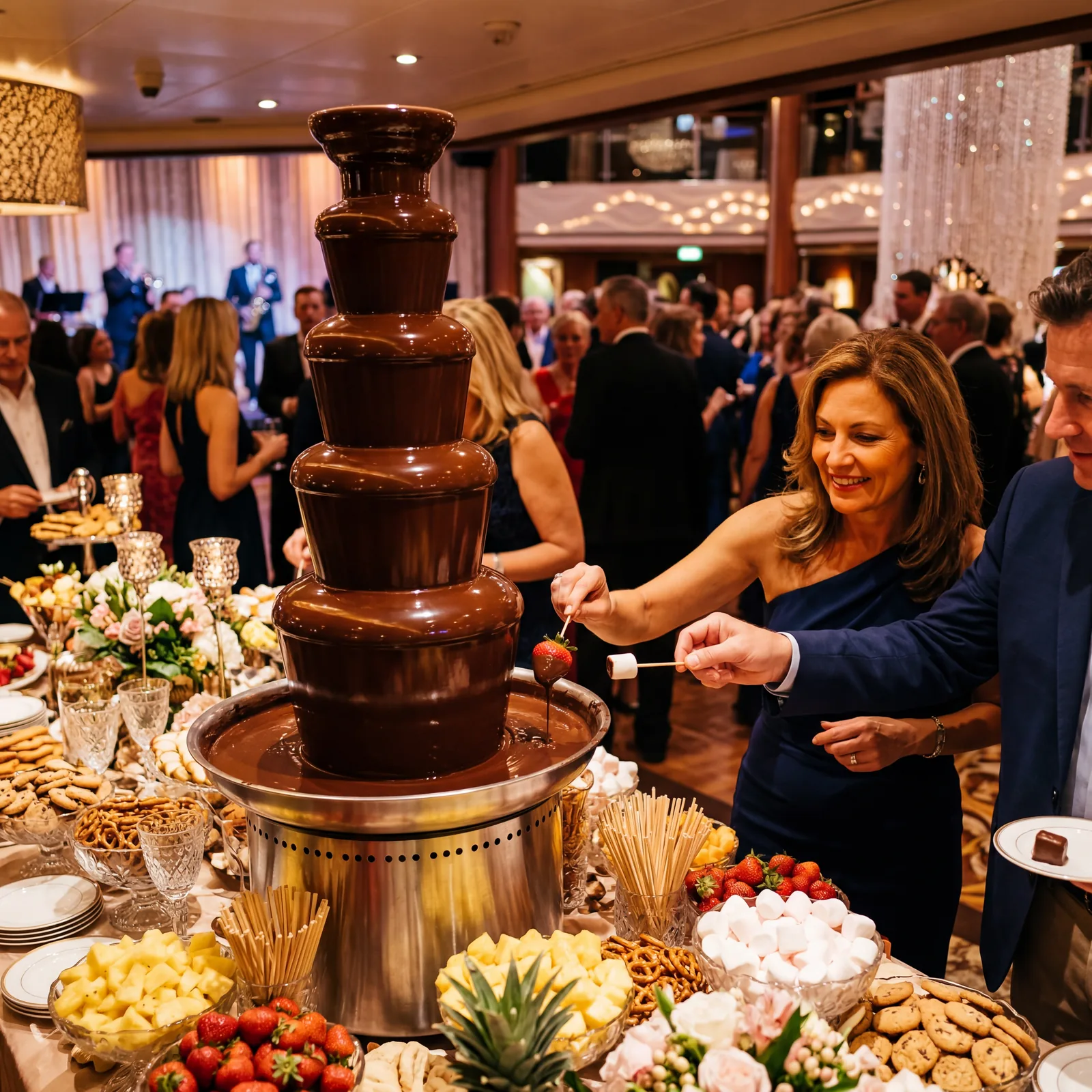 Elaborate cruise ship chocolate fountain in operation at a dessert station, flowing dark chocolate, passengers dipping strawberries and treats, warm event lighting, photorealistic, no text, no watermark, 16:9