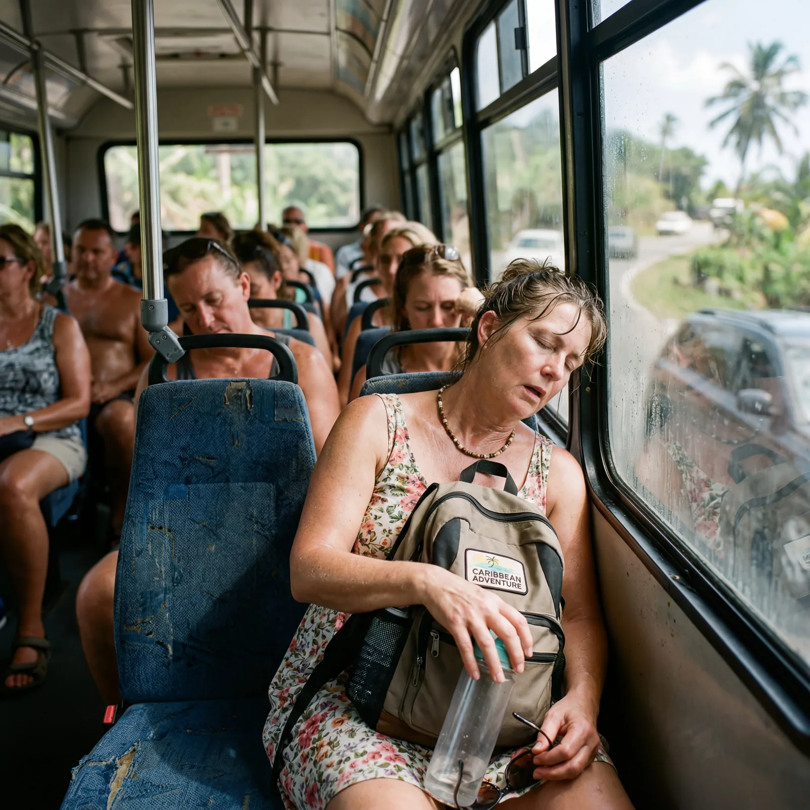 Exhausted cruise tourist slumped in a shuttle bus during a long full-day excursion in Caribbean heat, looking drained and sweaty, photorealistic, editorial travel photography, no text, no watermark, 16:9