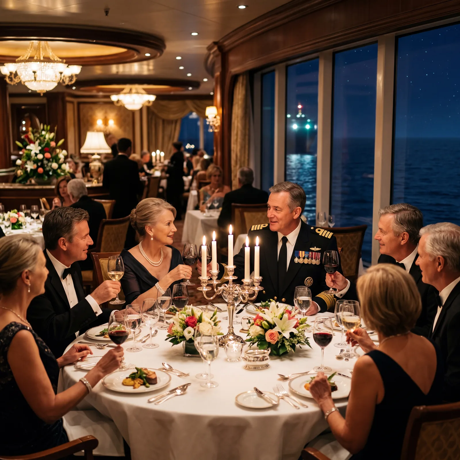 Formal captain's table dinner on a luxury cruise ship, captain in dress uniform, select passengers at an elegantly set round table, candlelight, photorealistic, cinematic, no text, no watermark, 16:9
