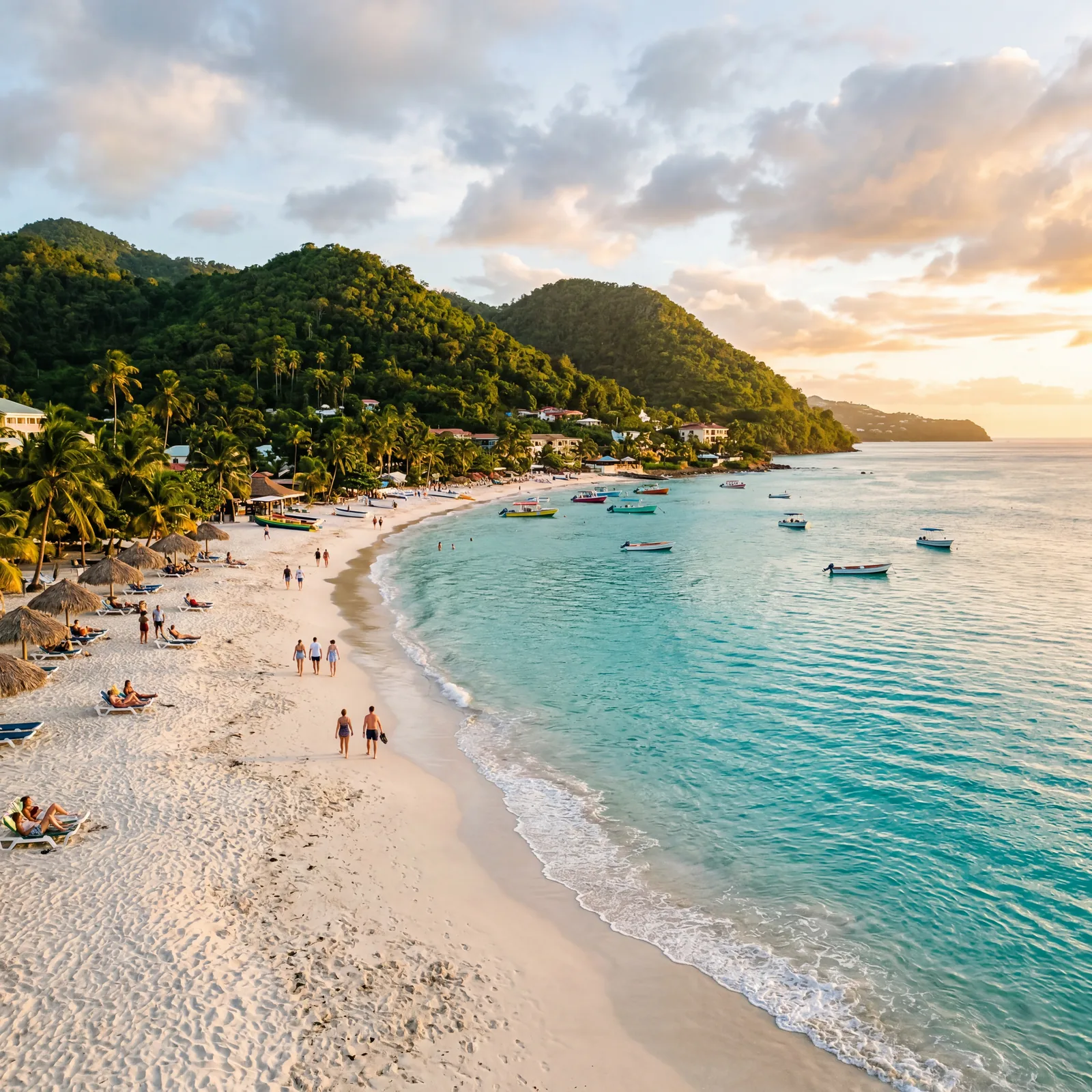 Grand Anse Beach Grenada with turquoise water and lush green hills, photorealistic, warm editorial travel photography, golden hour, no text, no watermark, 16:9