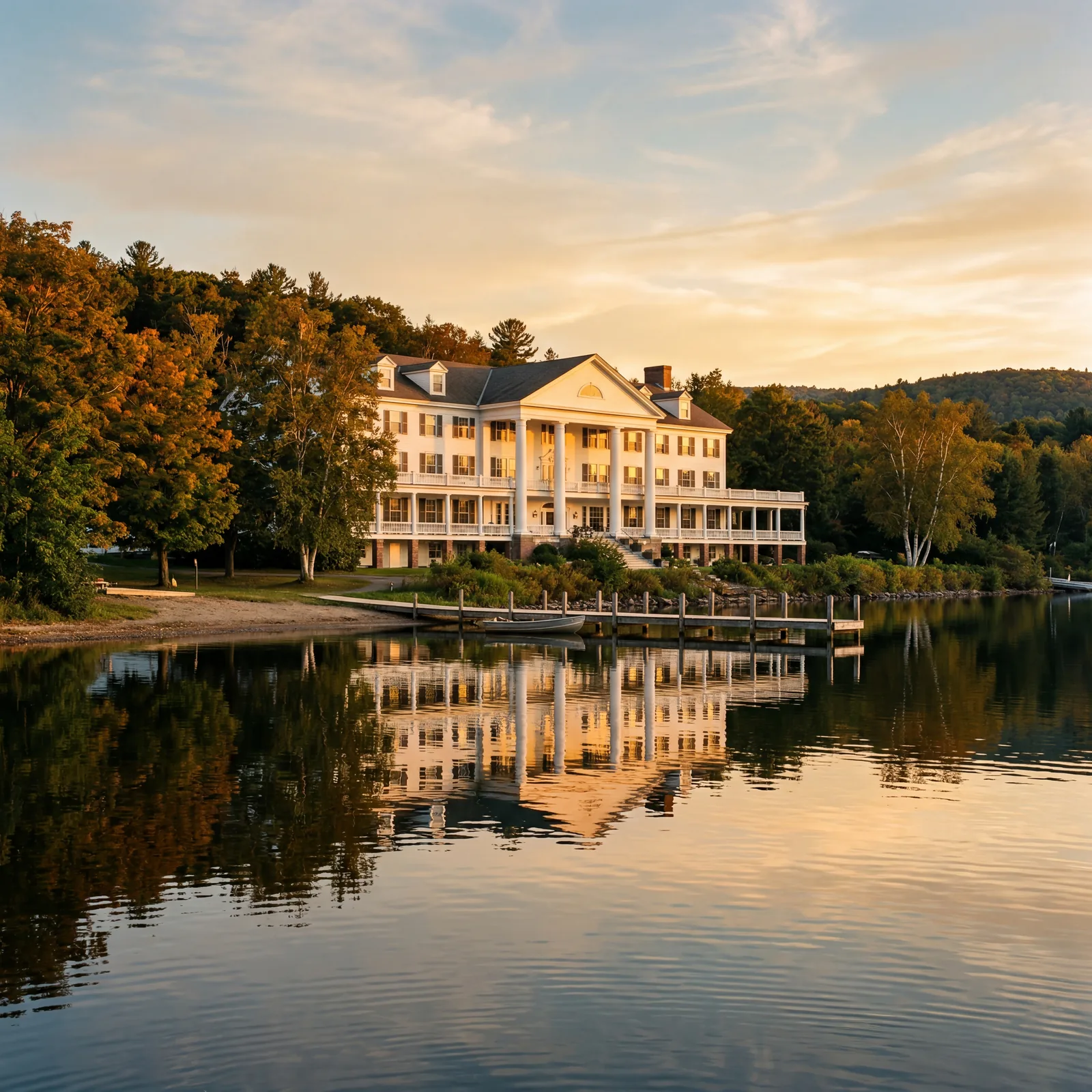 Grand Federal Revival hotel on the shore of Otsego Lake in Cooperstown New York, white columns reflected in the calm lake, warm editorial travel photography, golden hour, photorealistic, no text, no watermark, 16:9
