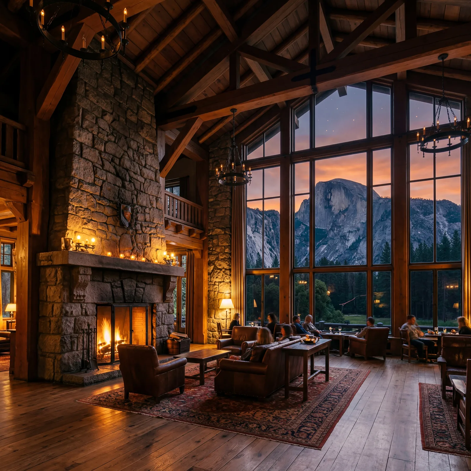Grand stone and timber historic Ahwahnee Hotel in Yosemite Valley with Half Dome visible through tall windows at dusk, warm editorial travel photography, golden hour, photorealistic, no text, no watermark, 16:9