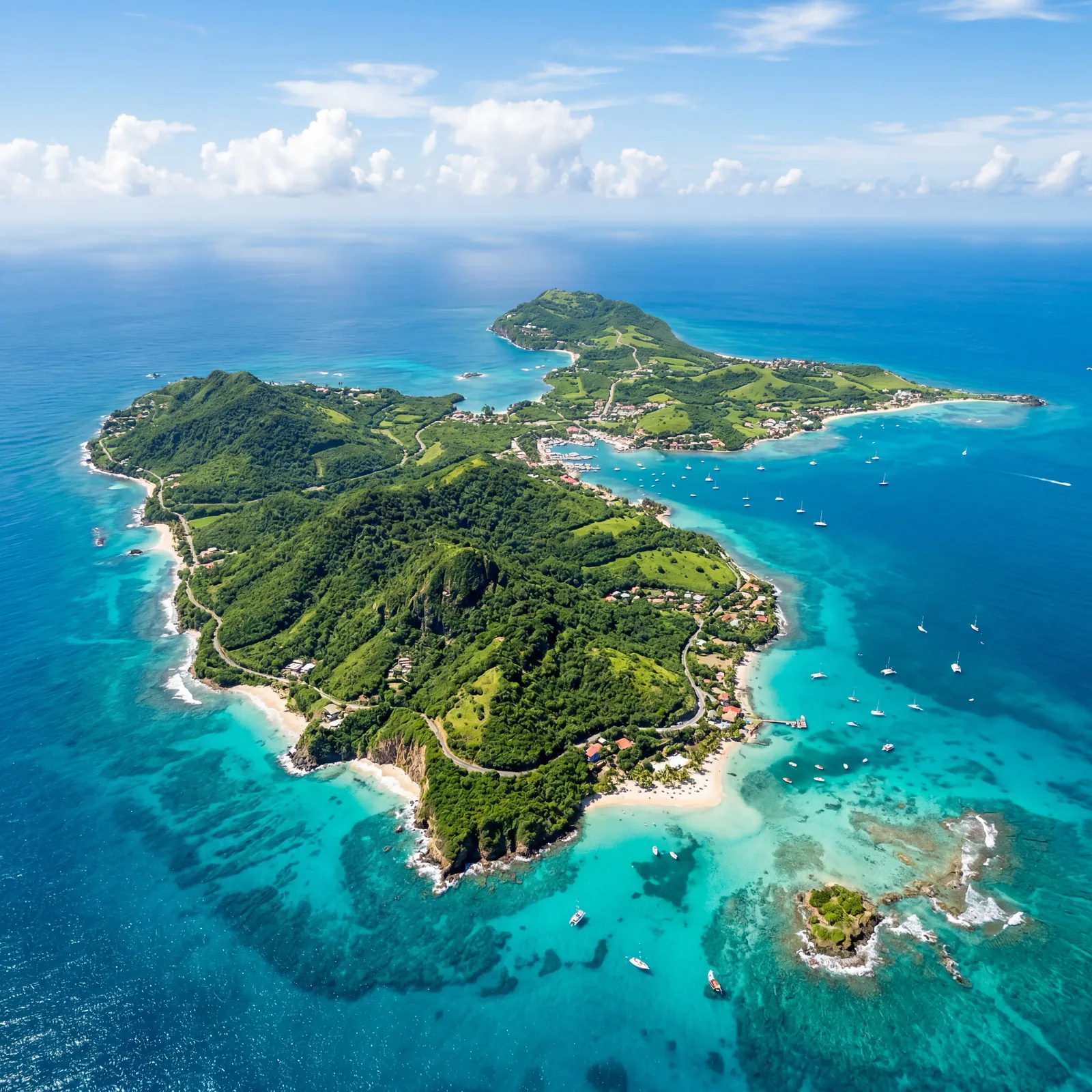 Guadeloupe butterfly-shaped island coastal view with turquoise water and lush tropical vegetation, aerial perspective, photorealistic, no text, no watermark, 16:9