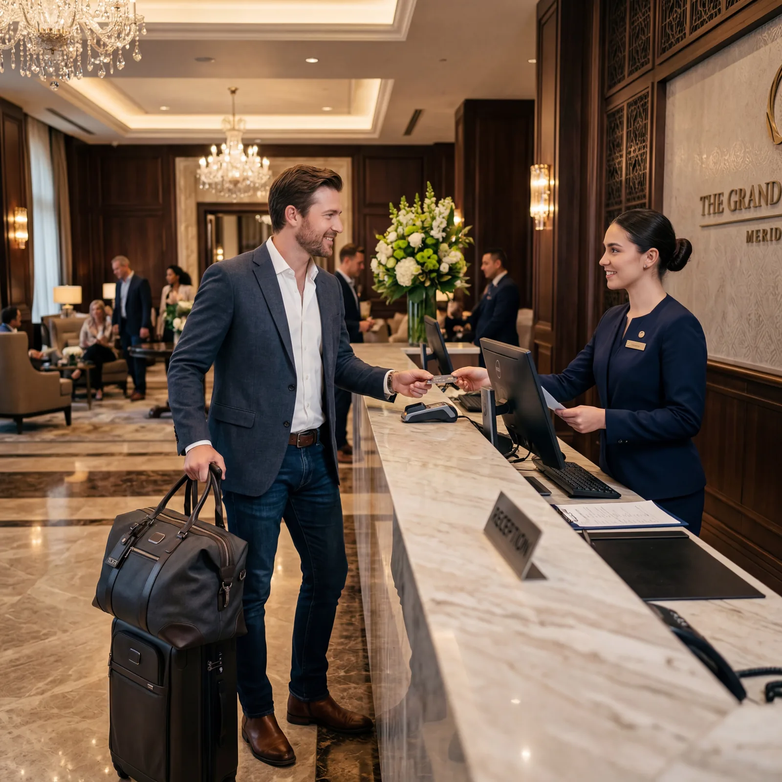 Hotel lobby arrival, American guest dressed smart-casual arriving at front desk, staff assessing attire, upscale hotel interior, warm editorial travel photography, photorealistic, no text, no watermark, 16:9