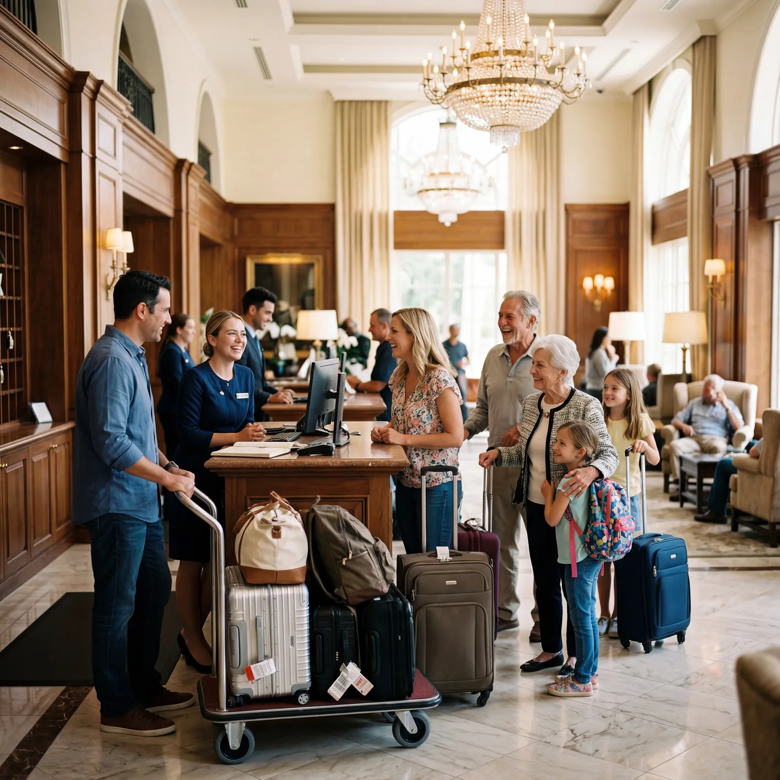 Hotel lobby, family or group arriving together with luggage, front desk staff smiling, warm editorial photography, photorealistic, no text, no watermark, 16:9