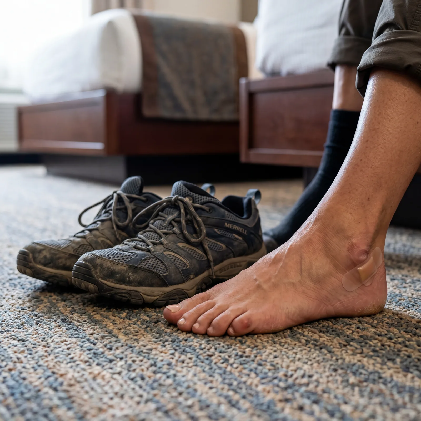 A foot with a blister plaster applied, traveler's walking shoes visible beside them on a hotel floor, close-up, photorealistic, no text, no watermark, 16:9
