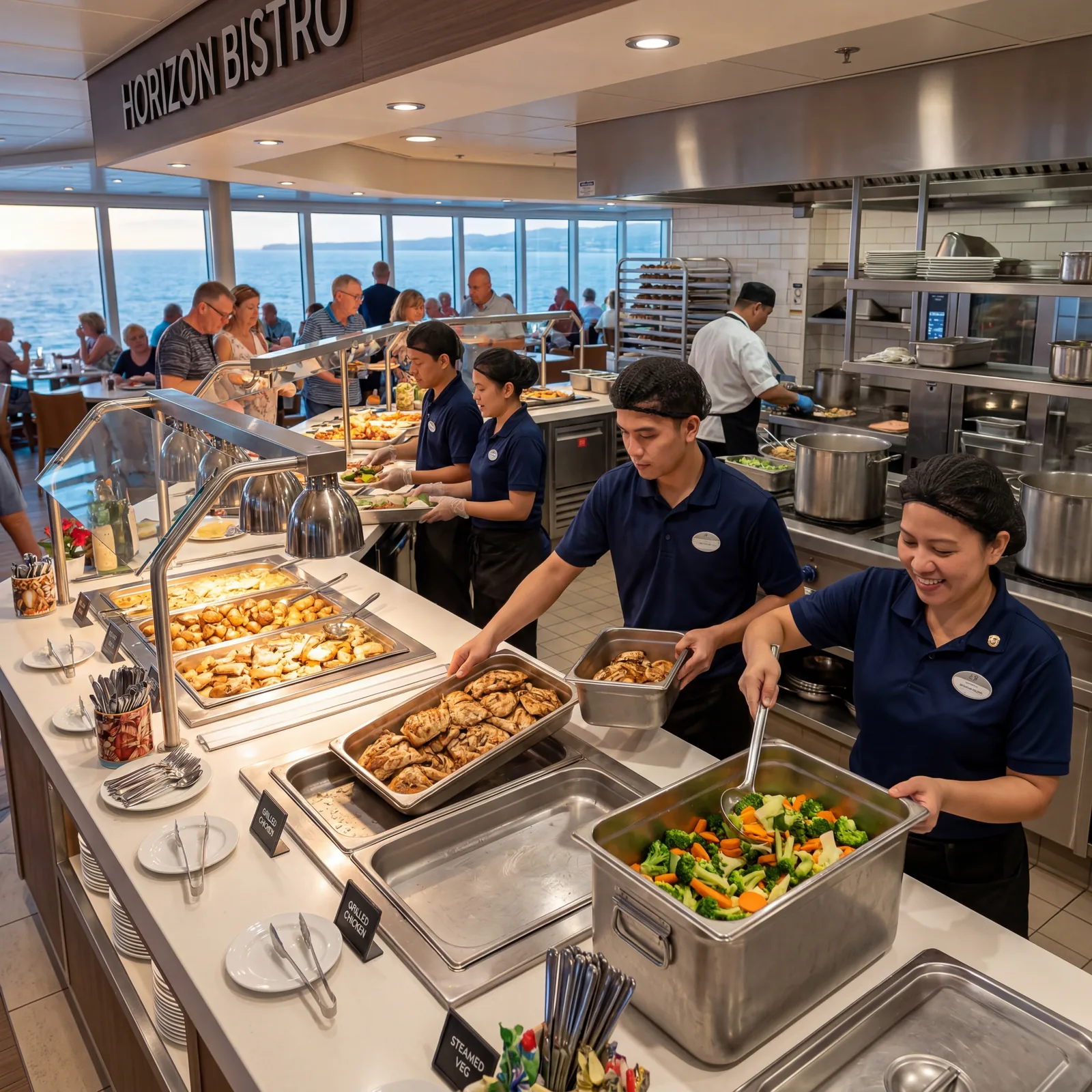 Cruise ship buffet replenishment in action, crew members refilling food trays from large serving containers, busy buffet area, back-of-house visible, photorealistic, no text, no watermark, 16:9
