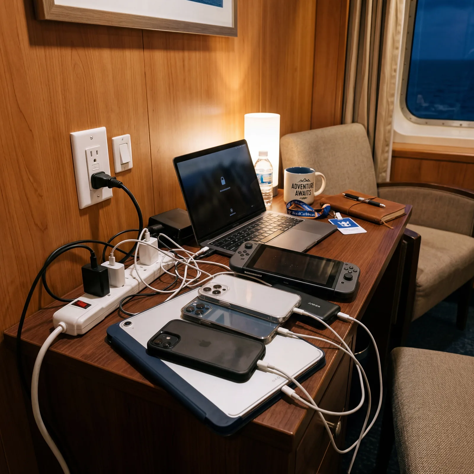 cruise ship cabin desk with a single power outlet and a pile of devices to charge, realistic travel photography, warm cabin lighting, no text, no watermark, 16:9