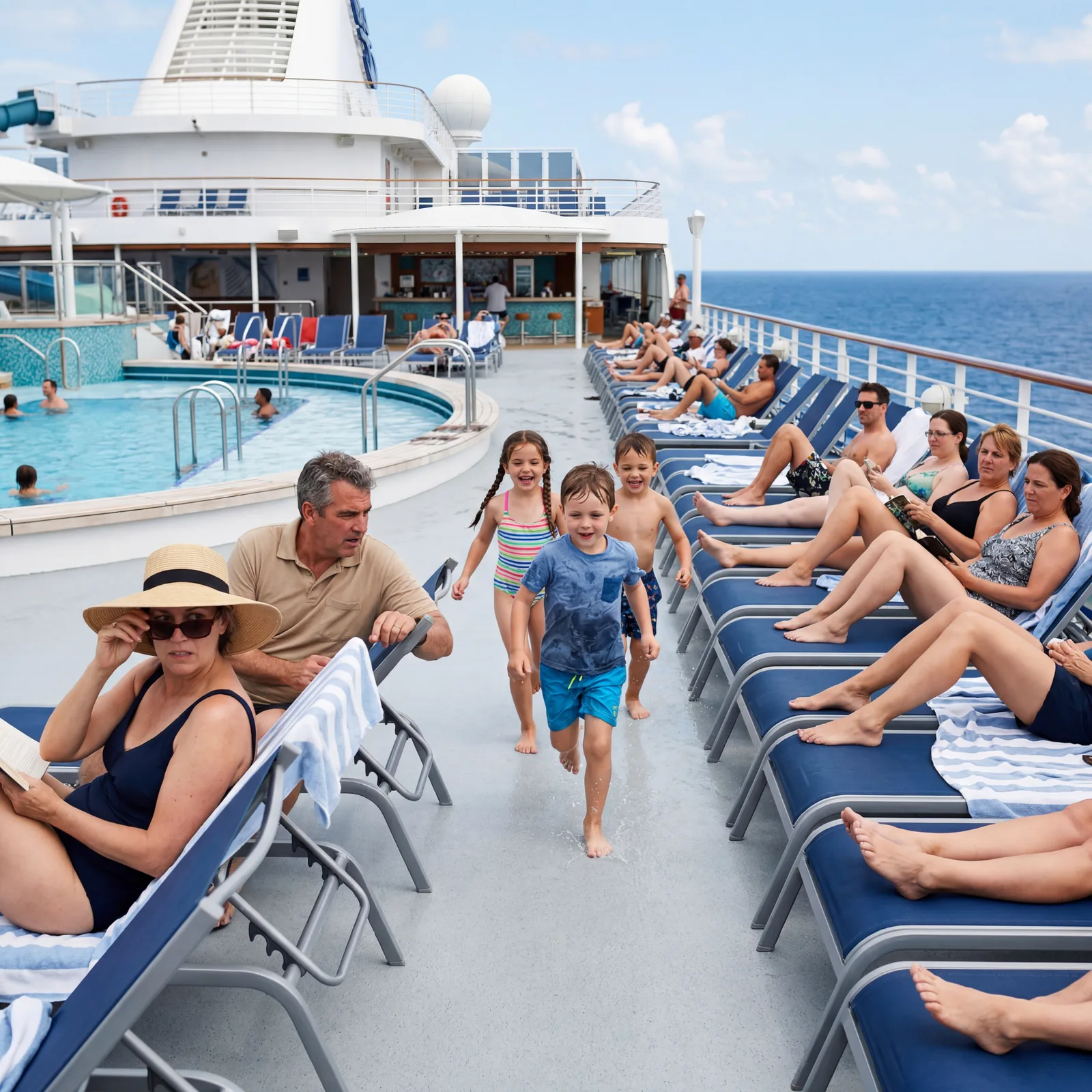 Cruise ship pool deck with unsupervised children running past sun loungers, passengers watching with mild concern, travel photography, photorealistic, no text, no watermark, 16:9