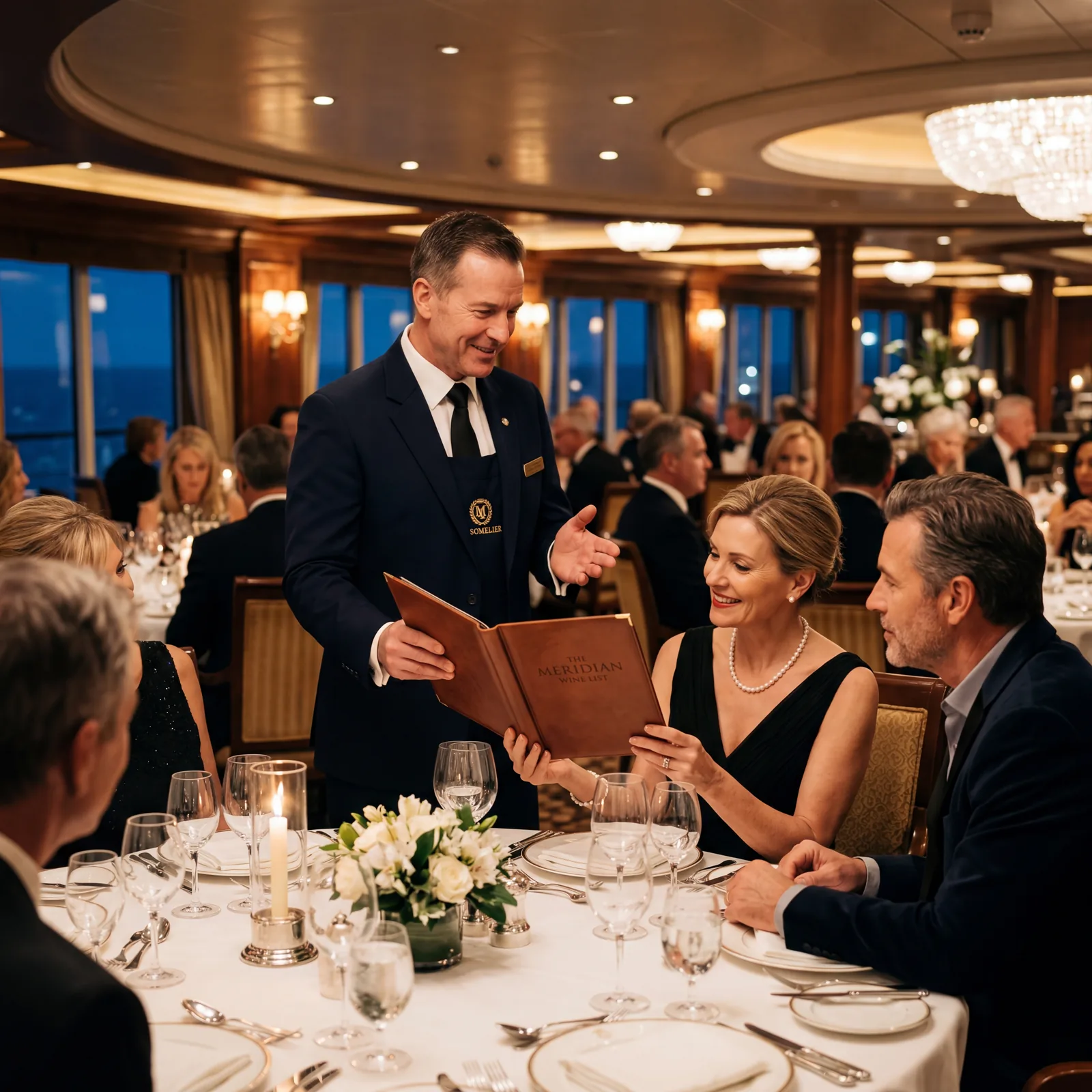 Cruise ship sommelier presenting wine menu to guests at a formal dinner table, elegant lighting, photorealistic, cinematic, no text, no watermark, 16:9