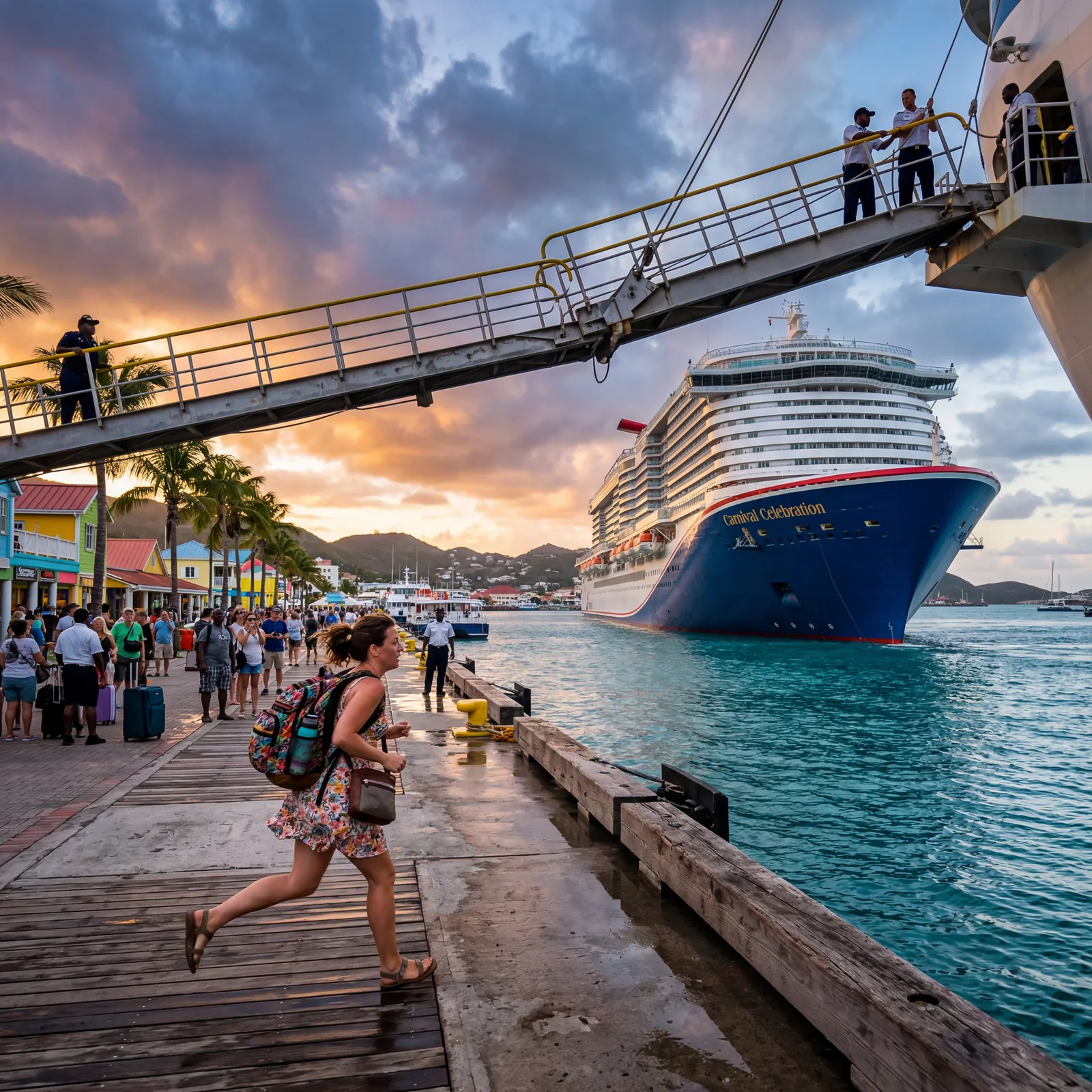 Cruise tourist sprinting down a pier toward a cruise ship with the gangway being pulled back, Caribbean port, dramatic, photorealistic, editorial travel photography, no text, no watermark, 16:9