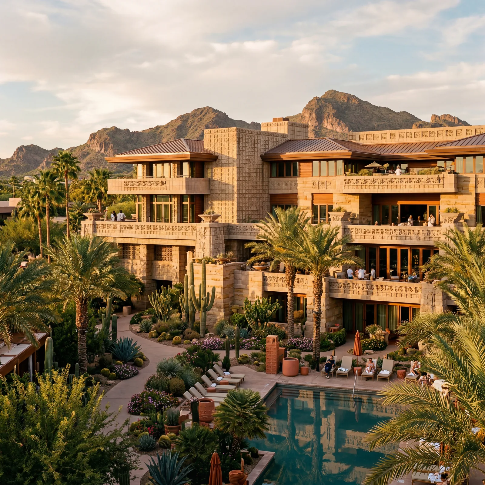 Geometric Wrightian resort hotel in Phoenix Arizona surrounded by palm trees and desert gardens, distinctive patterned concrete facade glowing in golden afternoon light, warm editorial travel photography, photorealistic, no text, no watermark, 16:9