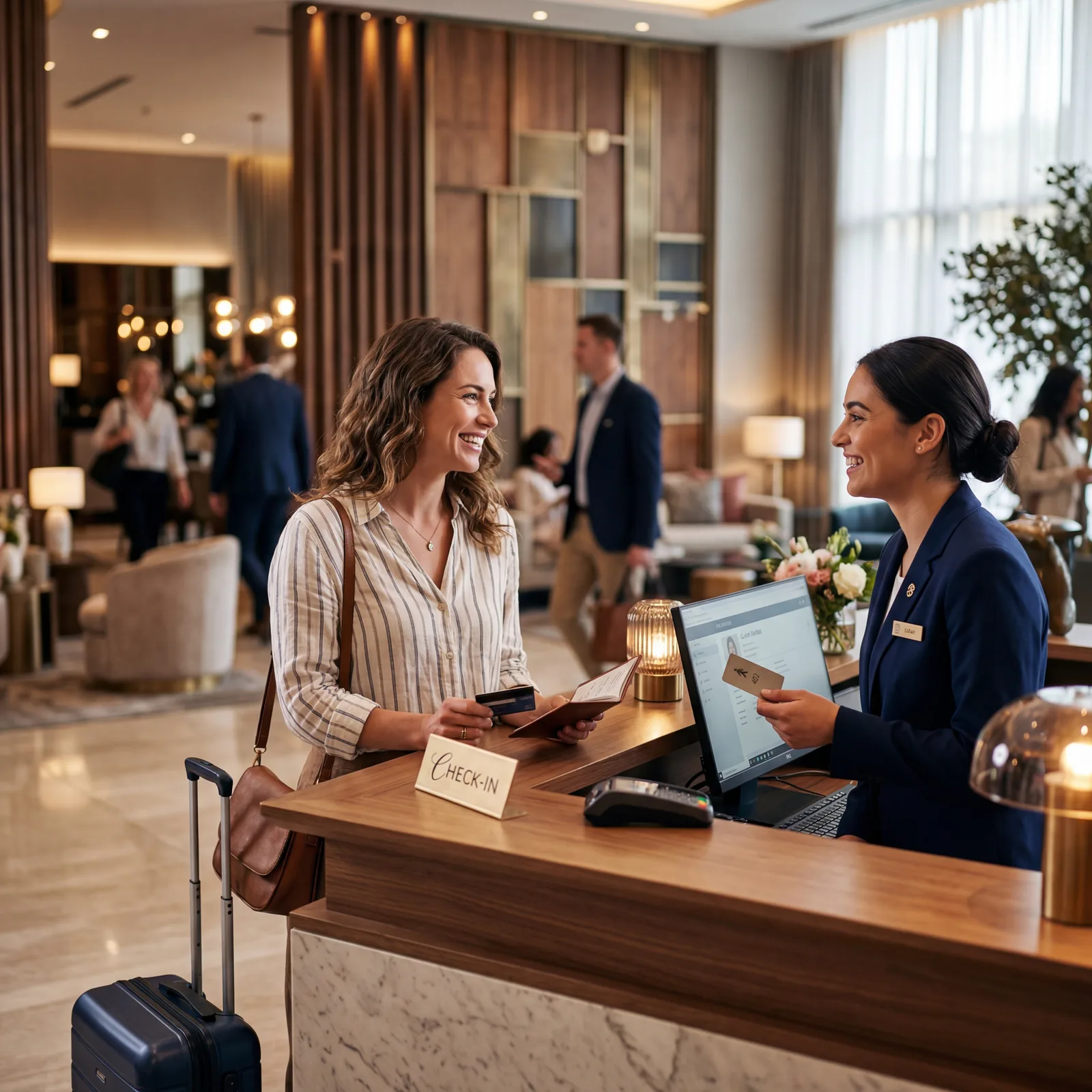 Hotel front desk, guest smiling at staff member during check-in, staff member smiling back warmly, editorial travel photography, photorealistic, no text, no watermark, 16:9