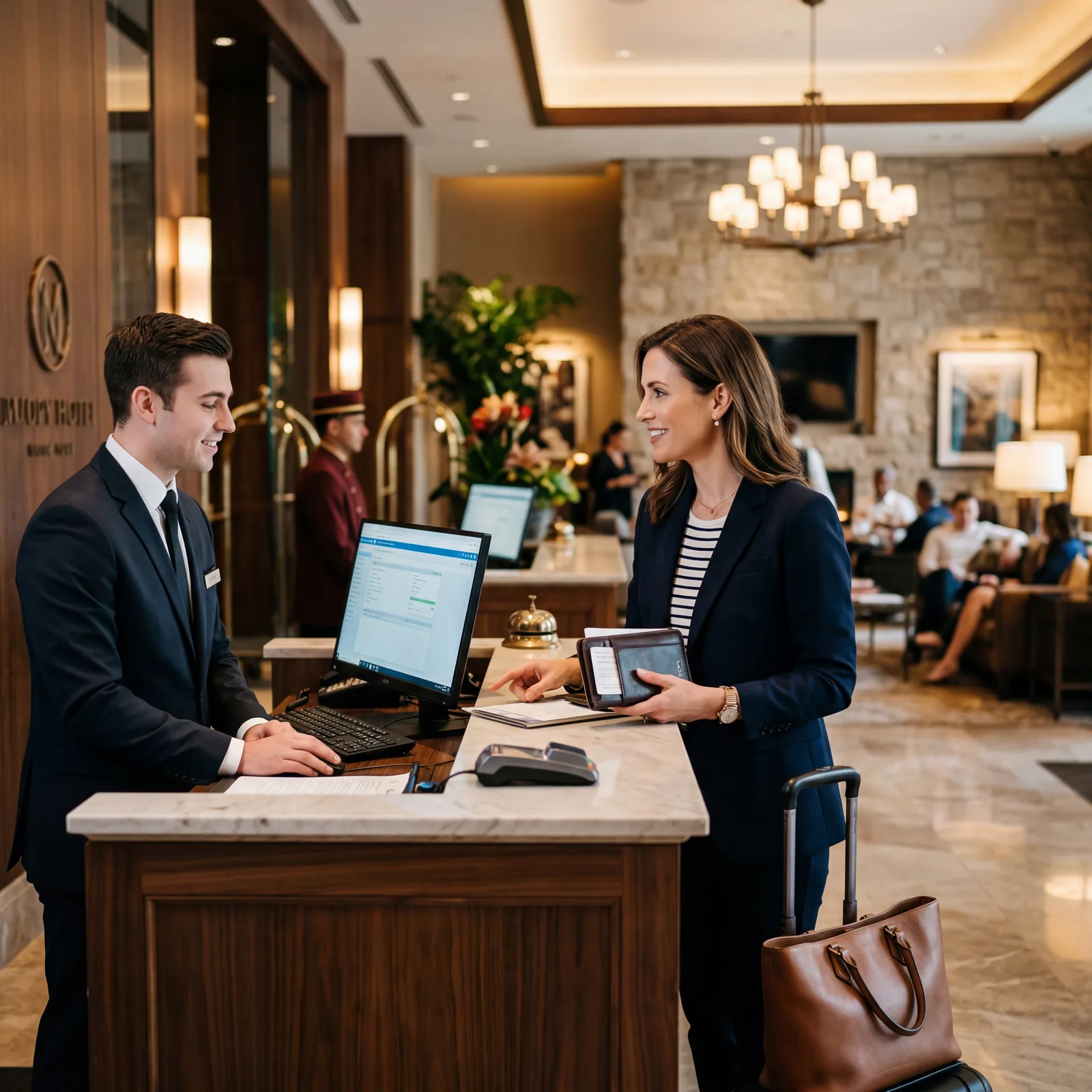 Hotel lobby, informed American traveler discussing check-in details confidently with front desk staff, upscale hotel interior, warm editorial travel photography, photorealistic, no text, no watermark, 16:9