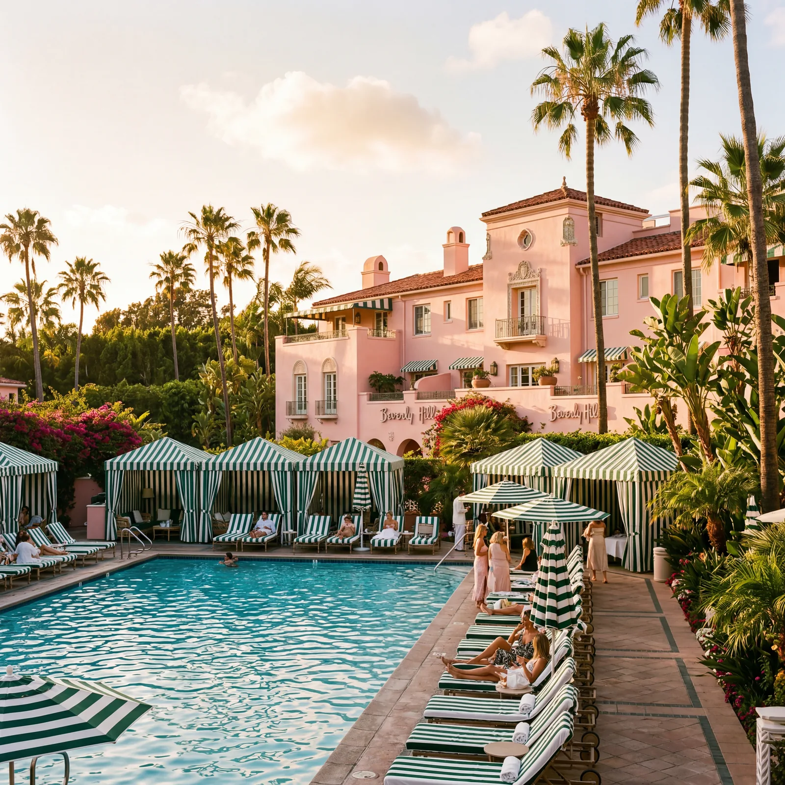 Iconic pink Beverly Hills Hotel with green and white striped pool cabanas and swaying palm trees in golden afternoon light, warm editorial travel photography, photorealistic, no text, no watermark, 16:9