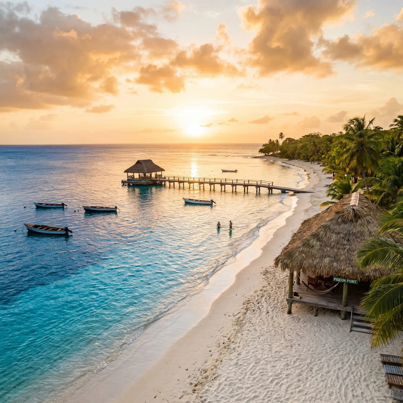 Pigeon Point Beach Tobago with thatched hut and crystal water, photorealistic, warm editorial travel photography, golden hour, no text, no watermark, 16:9