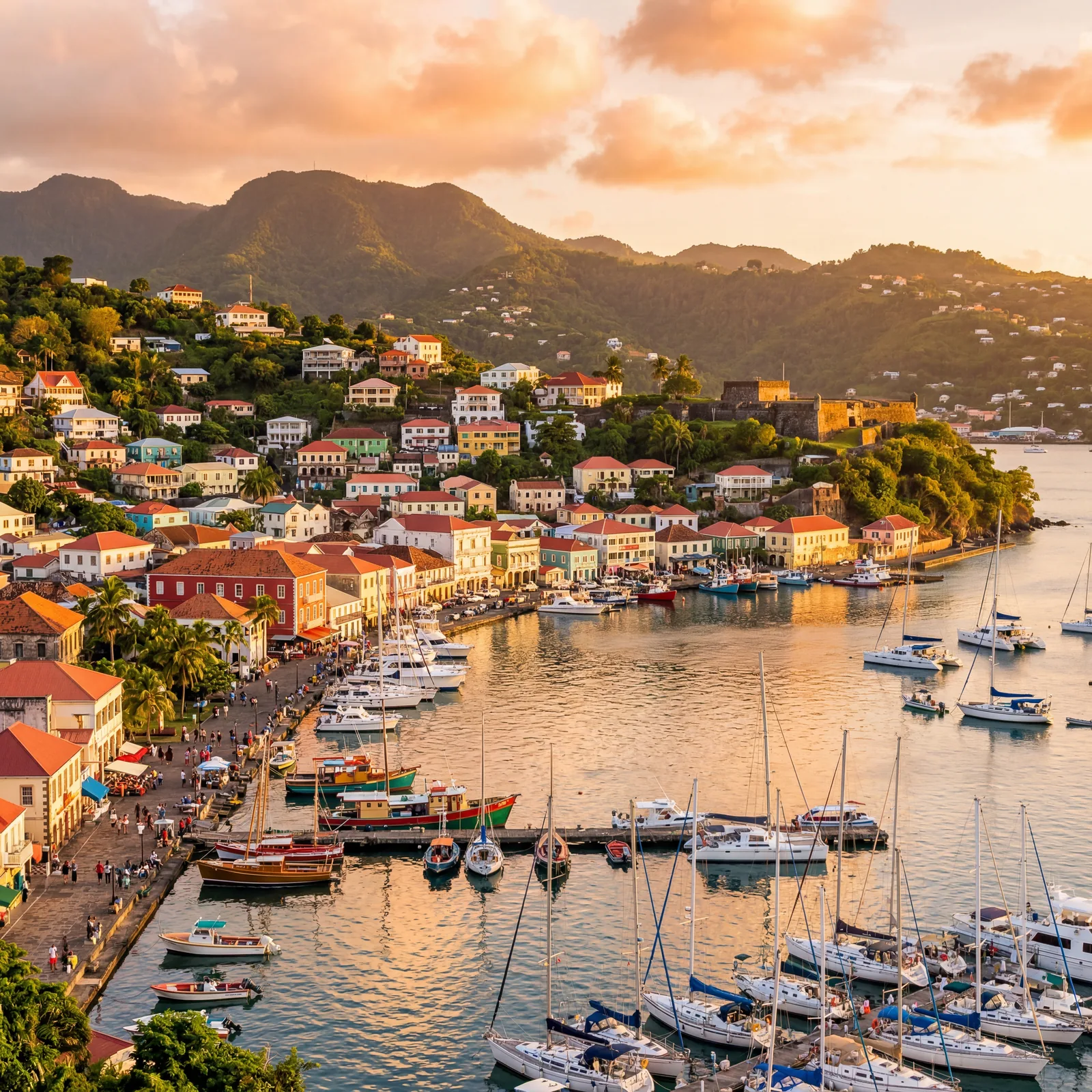 St George's Grenada harbor view with colorful buildings on hillside and moored sailboats below, golden hour photography, photorealistic, no text, no watermark, 16:9