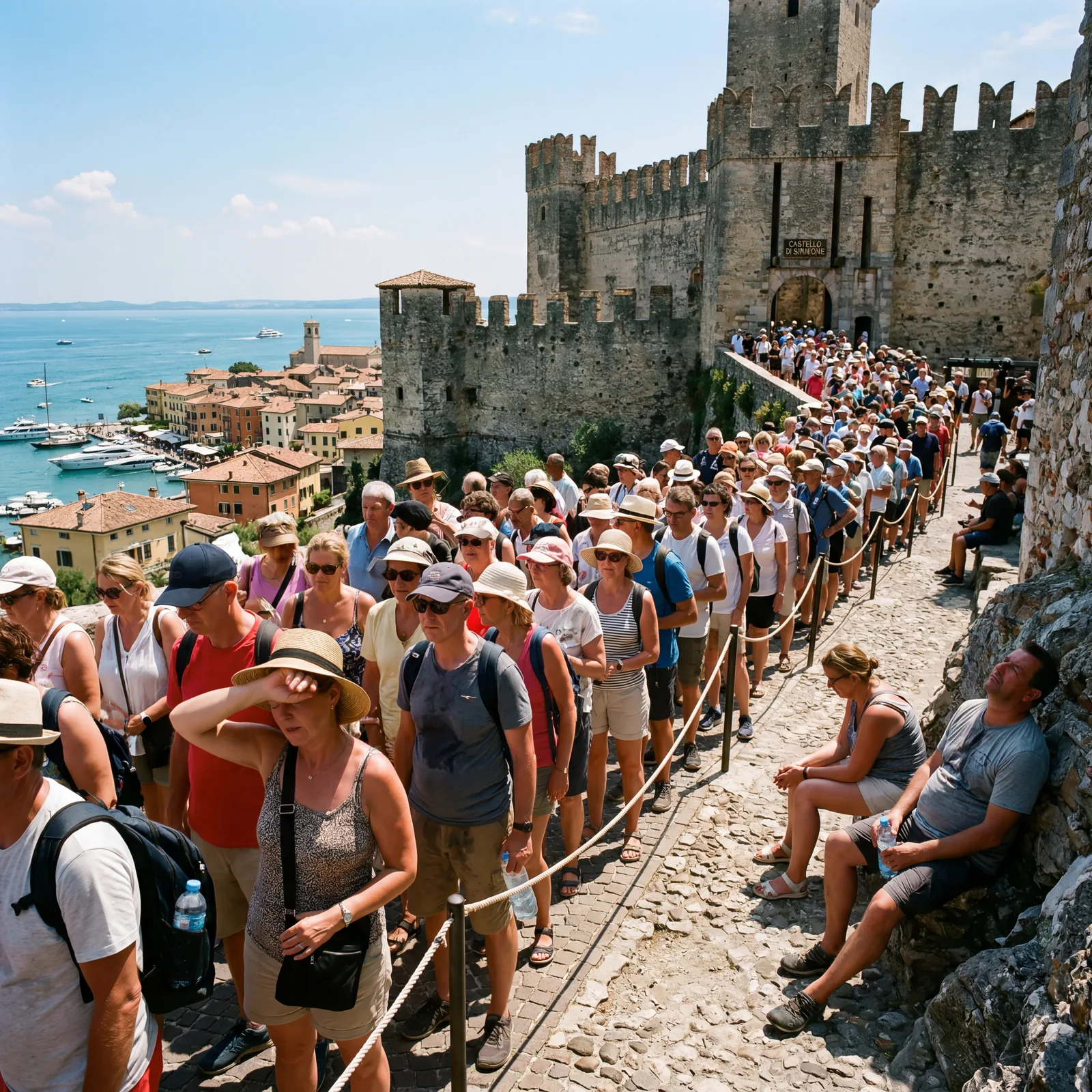 Tourists wilting outside a crowded tourist attraction at a hot Mediterranean port town at high noon, long queue in the sun, editorial travel photography, photorealistic, no text, no watermark, 16:9