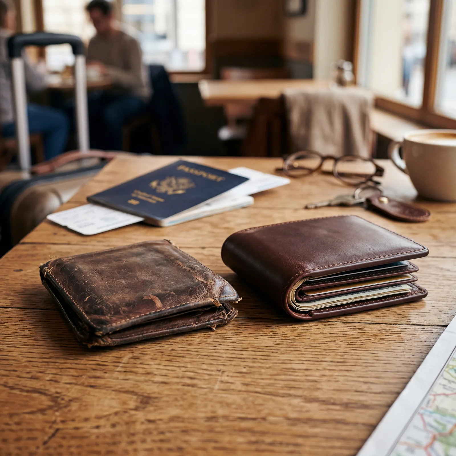 Two wallets side by side on a table, one clearly worn and thin, one newer and thicker, travel setting with passport in background, photorealistic, warm editorial photography, no text, no watermark, 16:9