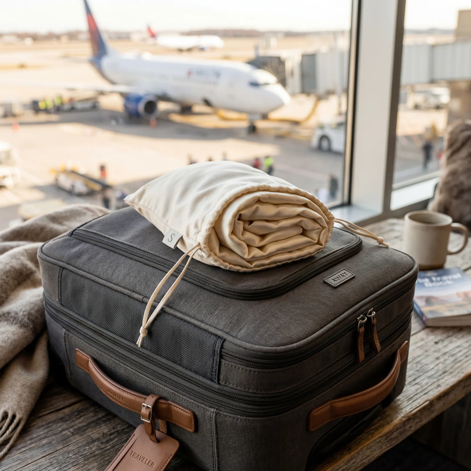 A folded cream-colored silk sleep sack tucked inside a small carrying pouch, resting on top of a carry-on bag, photorealistic, warm editorial photography, no text, no watermark, 16:9