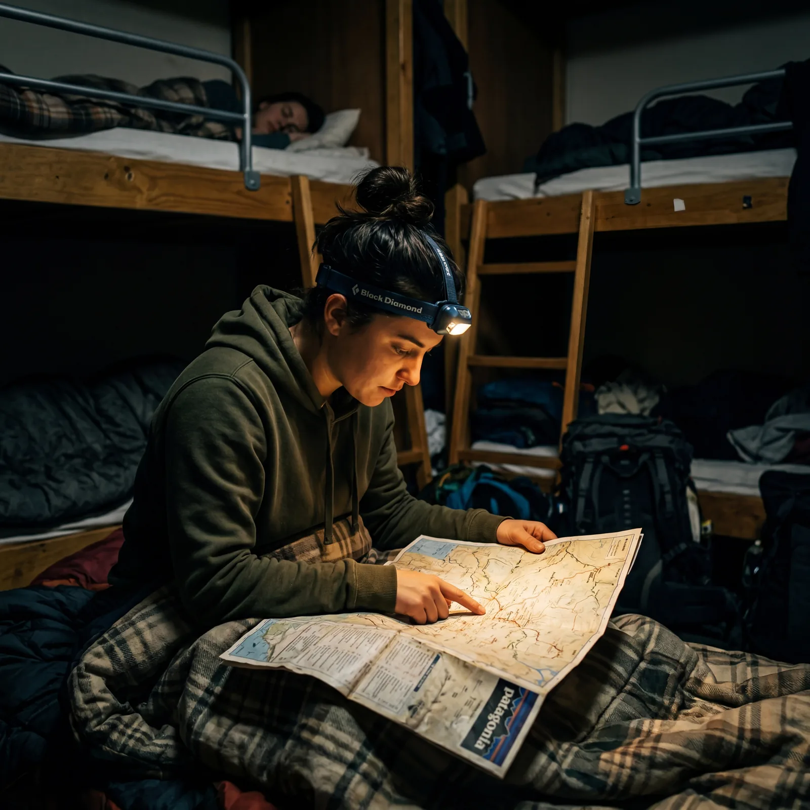 A traveler wearing a compact headlamp while reading a map in a dark hostel dorm, cinematic, photorealistic, no text, no watermark, 16:9