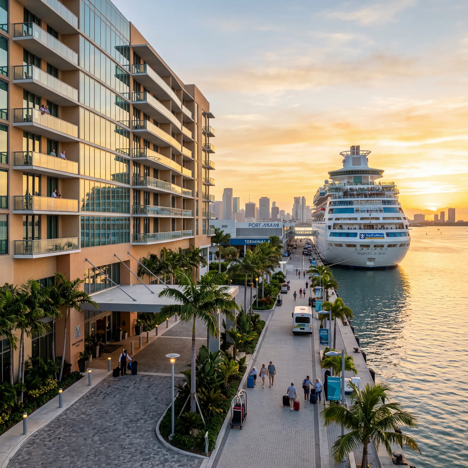 cruise port hotel exterior near a Miami cruise terminal, early morning golden light, editorial travel photography, no text, no watermark, 16:9