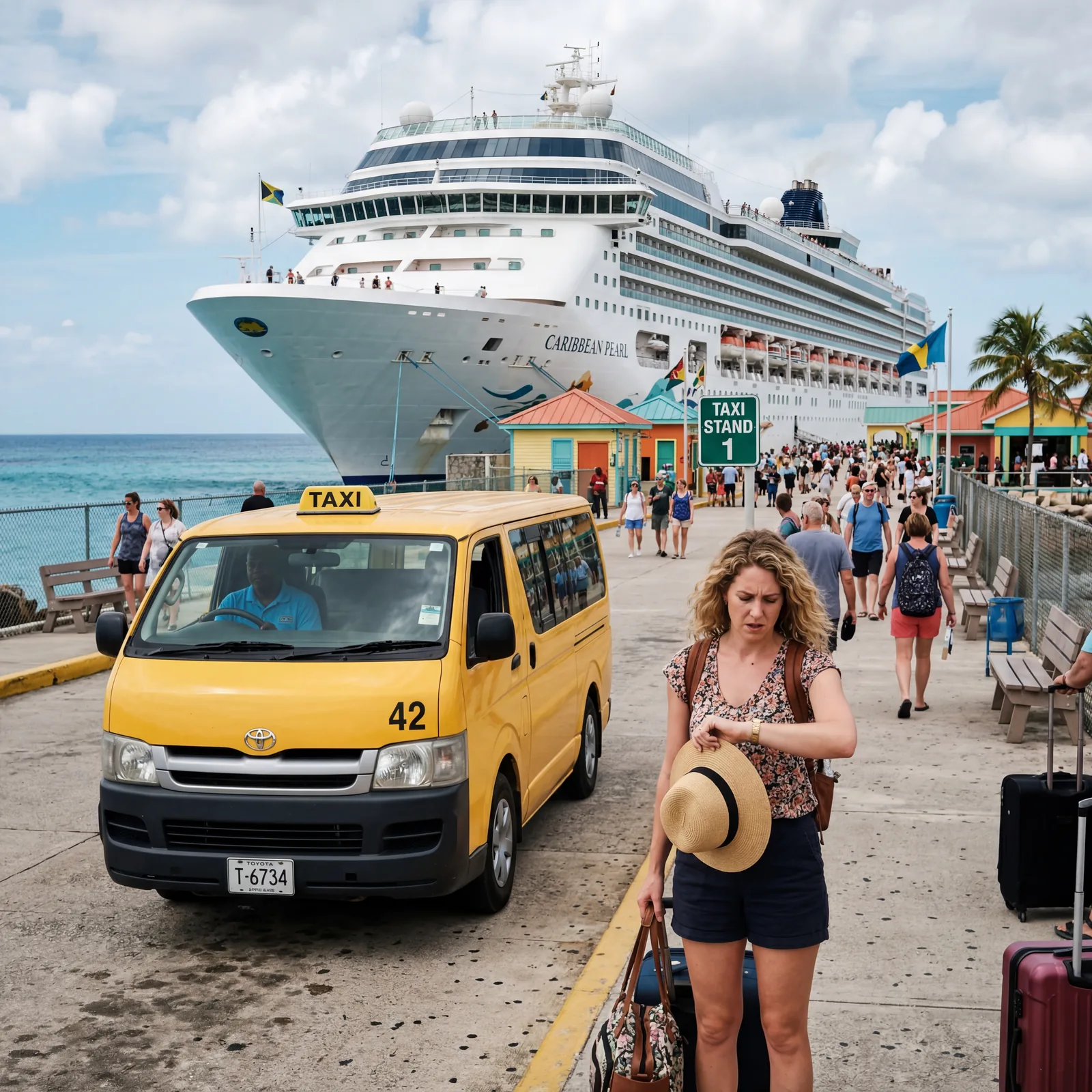Cruise port pier with a single taxi waiting and no others available, tourist looking anxious at their watch, ship in the background, Caribbean port, editorial travel photography, photorealistic, no text, no watermark, 16:9