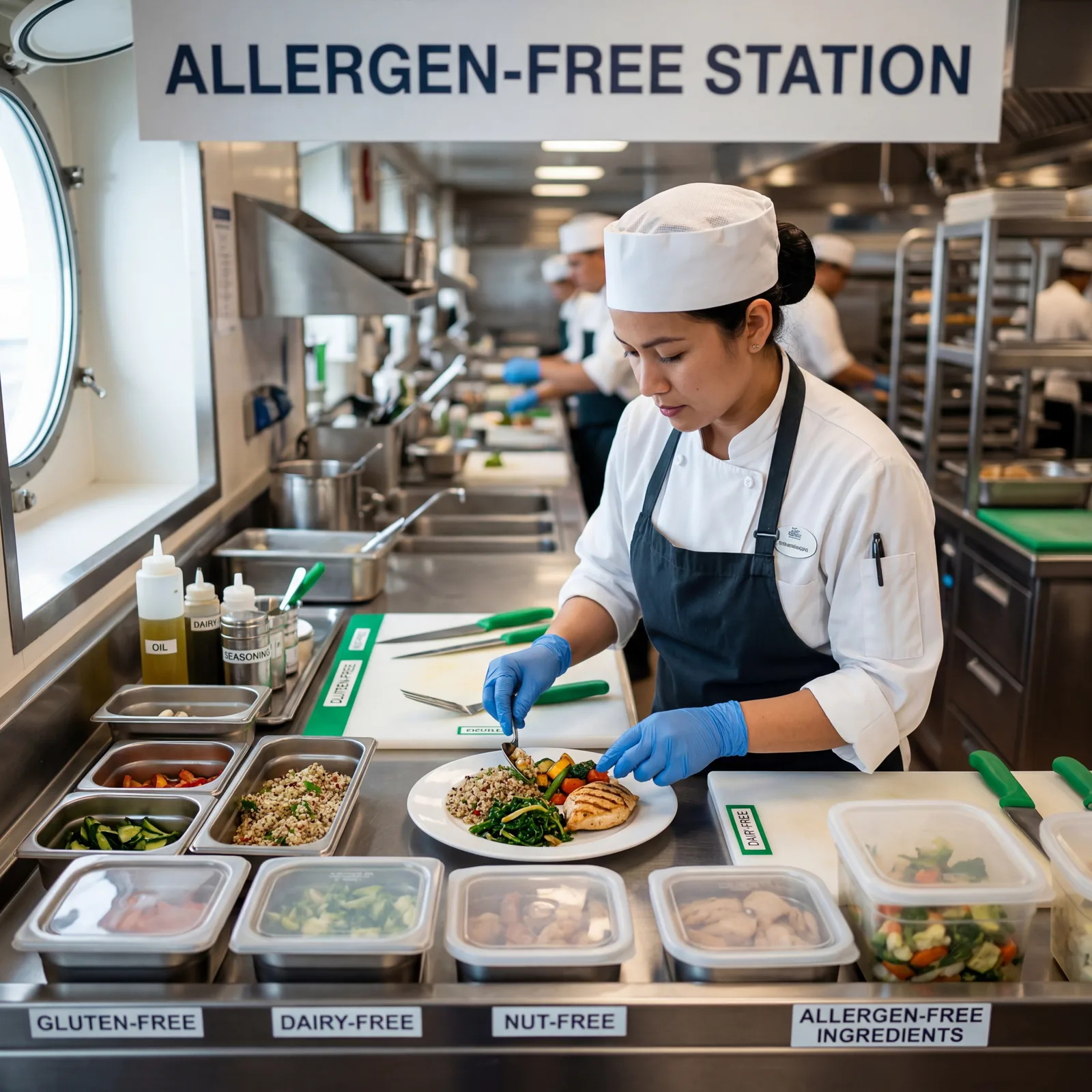 Cruise ship chef in gloves preparing an allergen-free meal on a designated clean surface, labeled containers, photorealistic, cinematic, no text, no watermark, 16:9