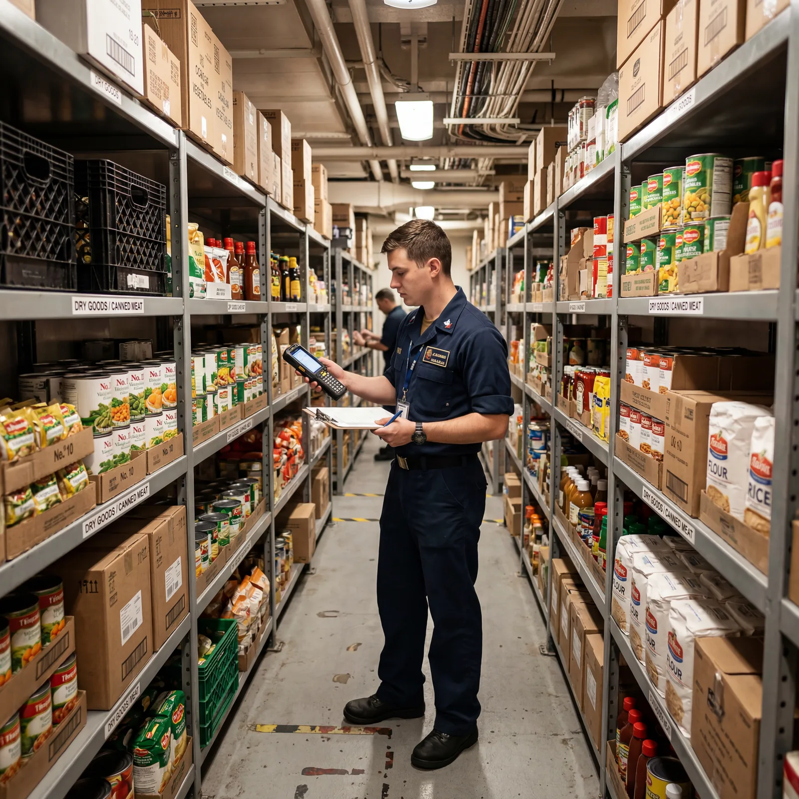 Cruise ship supply room with industrial shelving stocked with food supplies, crew member doing inventory, large-scale food storage, photorealistic, no text, no watermark, 16:9