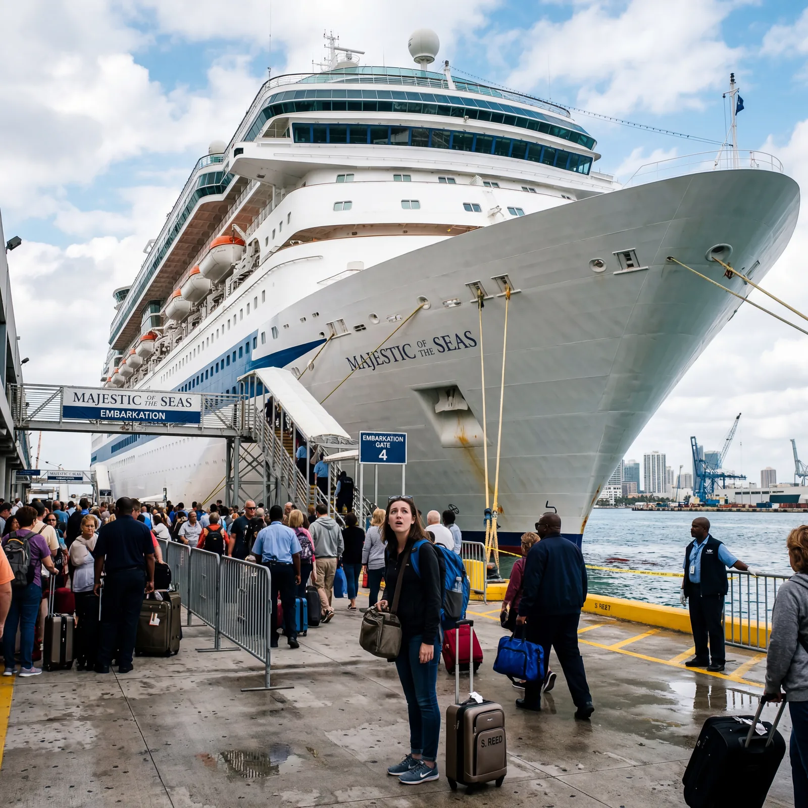 First-time cruiser looking overwhelmed standing at the base of a massive cruise ship at embarkation, wide angle, travel photography, photorealistic, no text, no watermark, 16:9