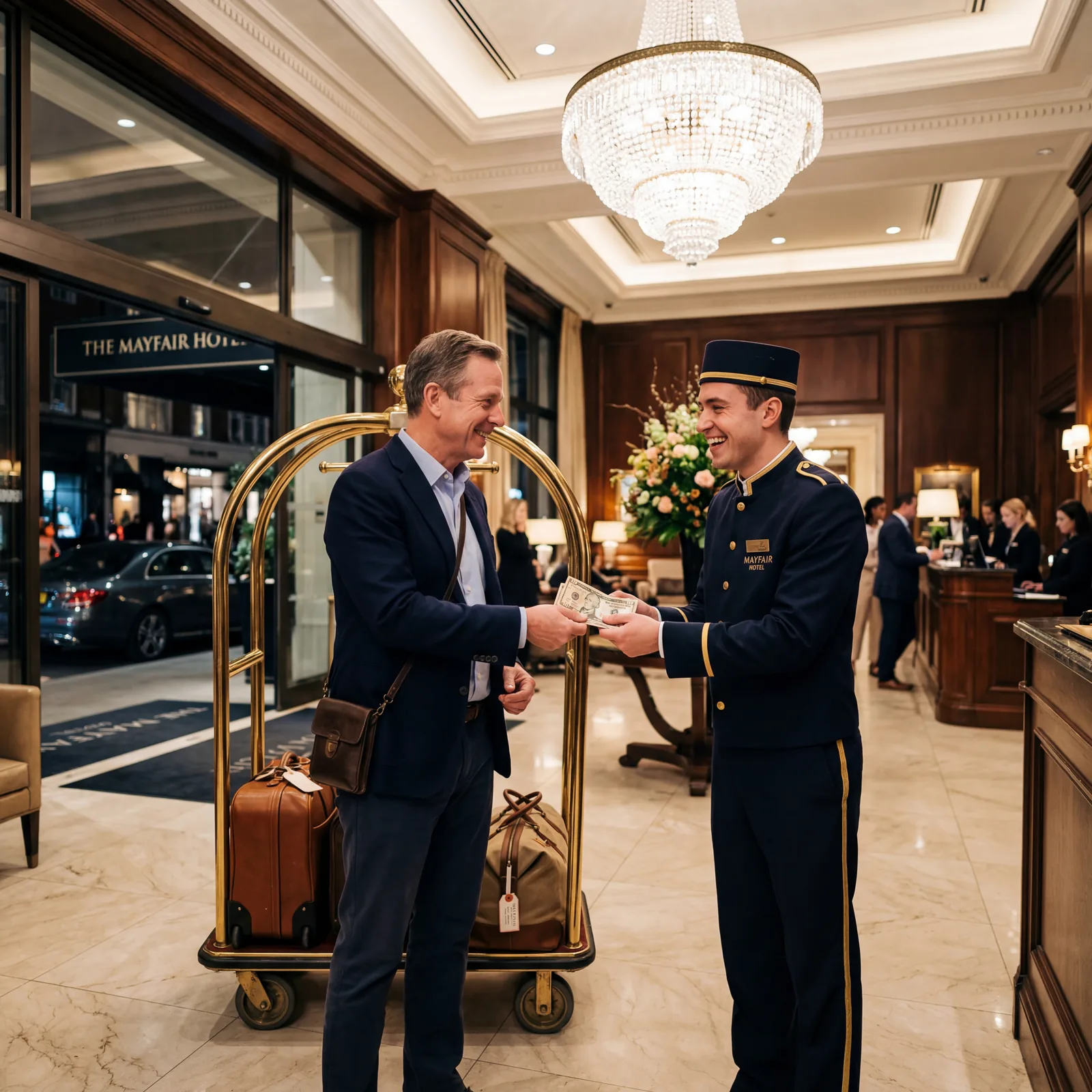 Hotel entrance, American guest tipping bellhop after bag delivery, bellhop smiling gratefully, upscale hotel lobby, warm editorial travel photography, photorealistic, no text, no watermark, 16:9