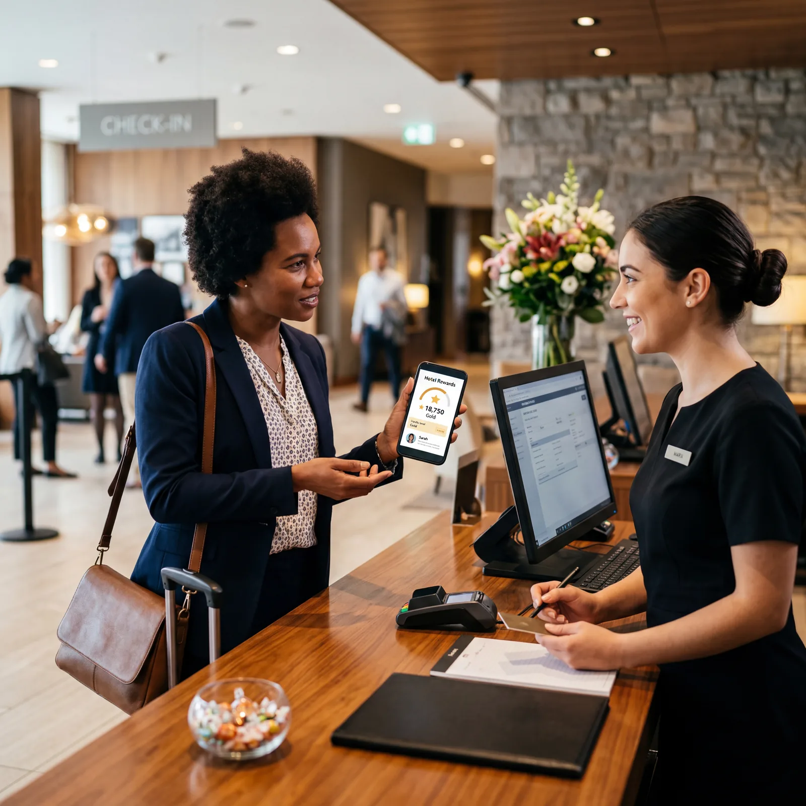 Hotel loyalty program app on smartphone, guest at hotel check-in desk, loyalty points display visible, editorial photography, photorealistic, no text, no watermark, 16:9