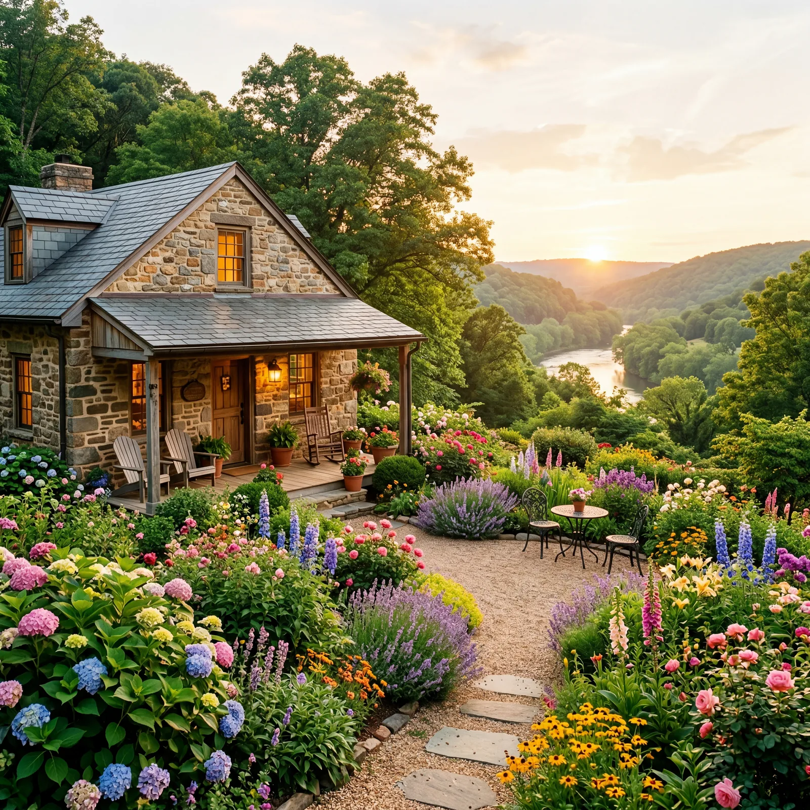 Intimate stone country inn in the Rappahannock River valley of Virginia, surrounded by lush gardens in full summer bloom, warm editorial travel photography, golden hour, photorealistic, no text, no watermark, 16:9