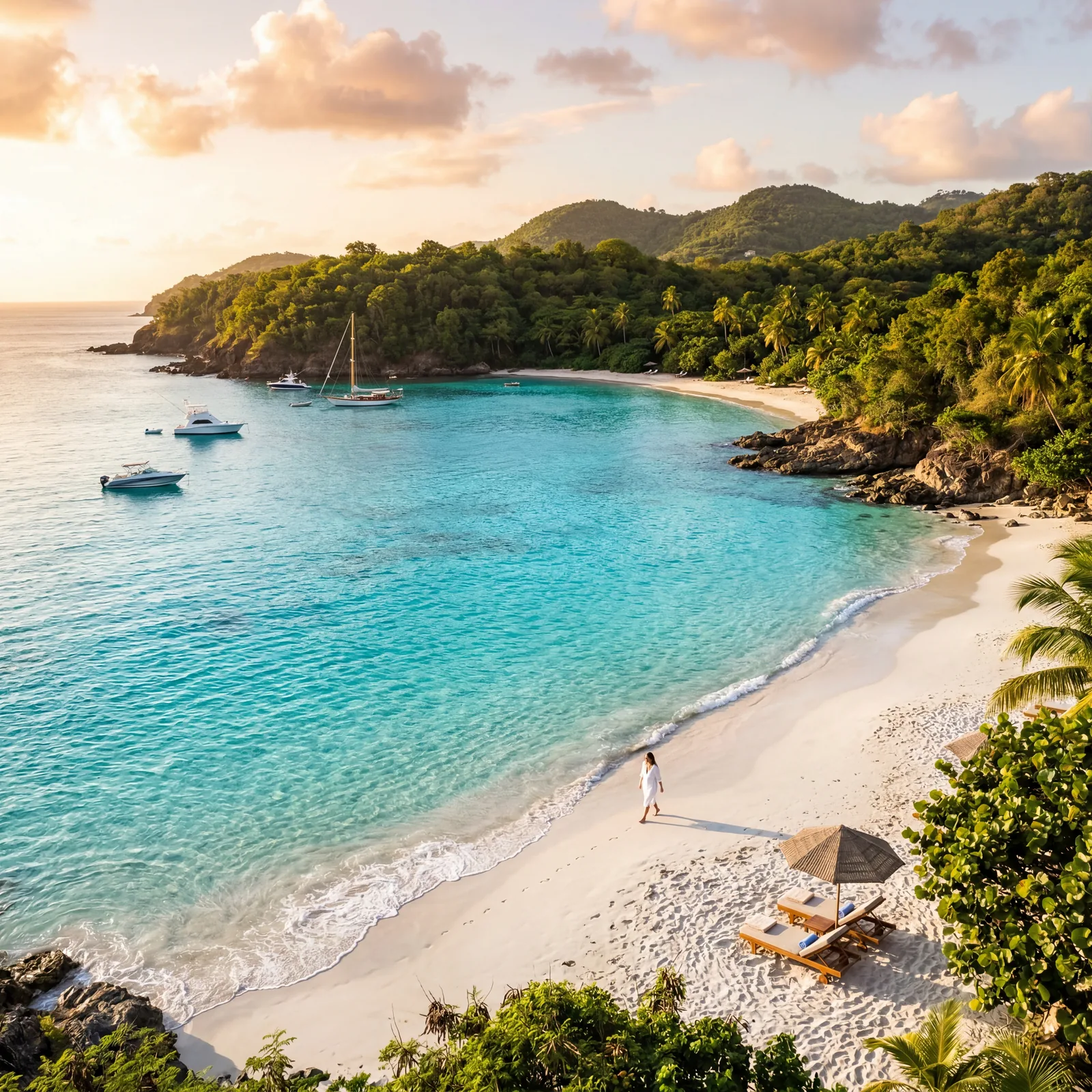Mustique island St Vincent and the Grenadines turquoise water and white sand cove, photorealistic, warm editorial travel photography, golden hour, no text, no watermark, 16:9