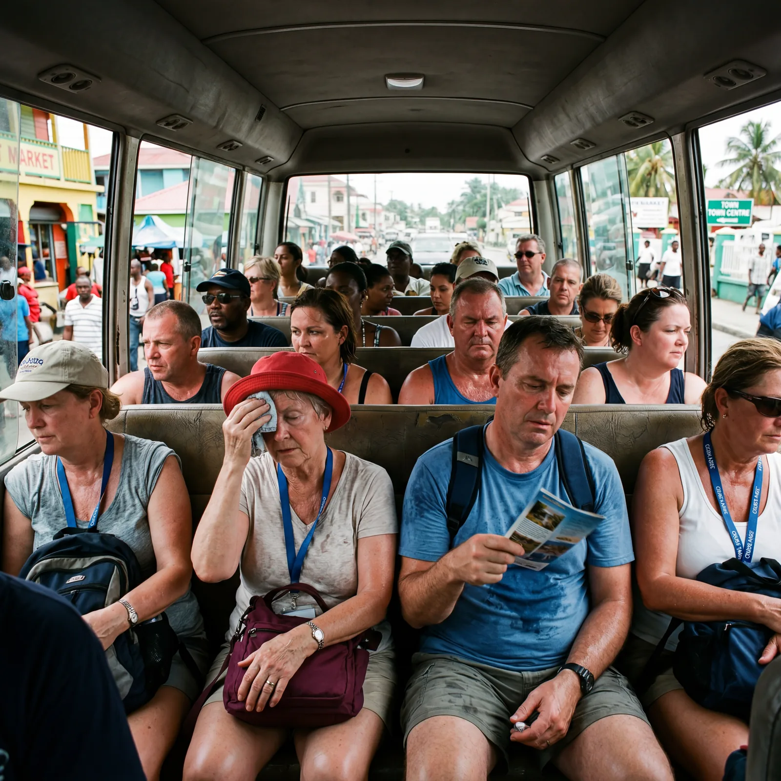 Sweating cruise tourists crammed into a non-air-conditioned local minibus in Caribbean heat, open windows, photorealistic, editorial travel photography, no text, no watermark, 16:9