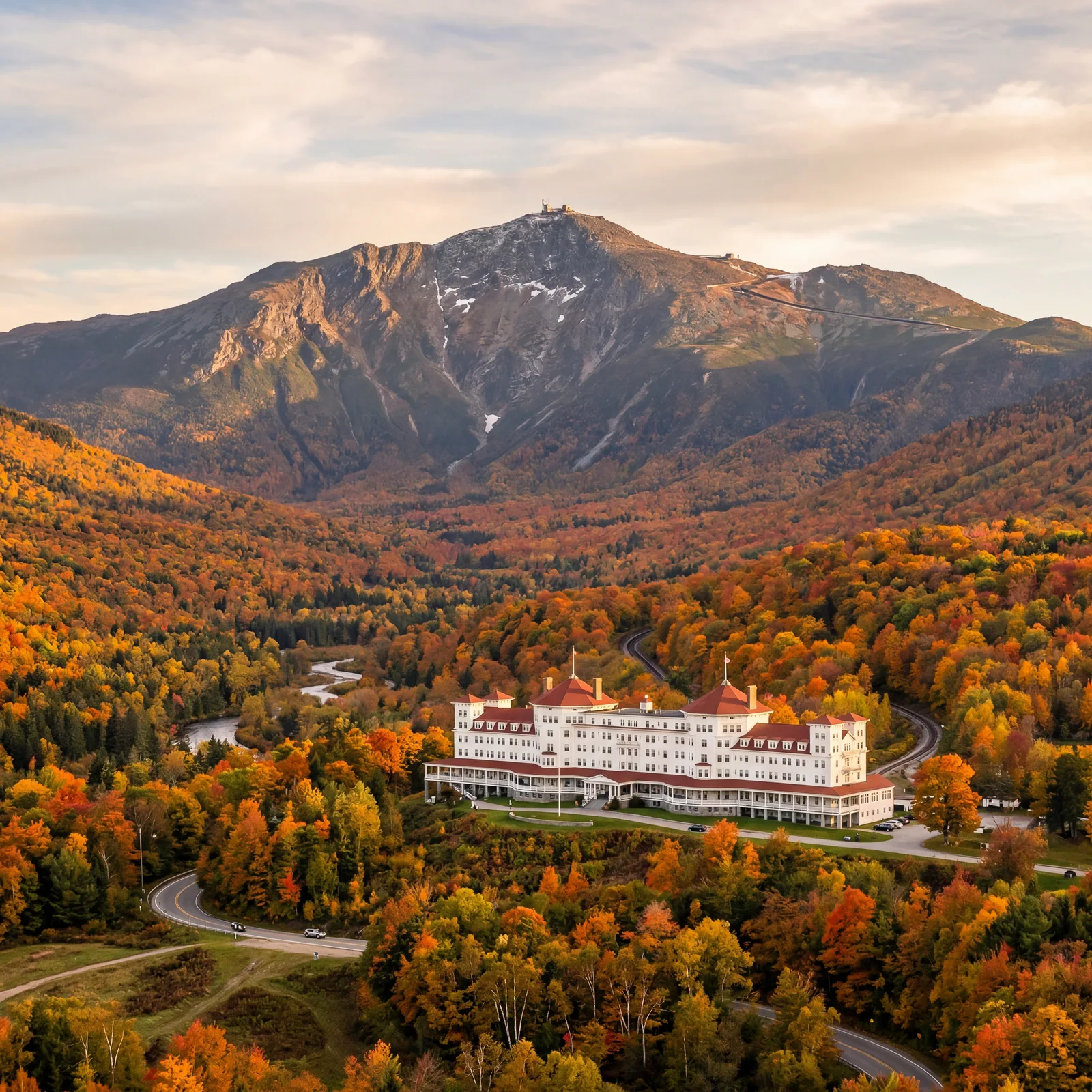 White grand resort hotel against Mount Washington summit in New Hampshire with autumn foliage covering the valley, warm editorial travel photography, golden hour, photorealistic, no text, no watermark, 16:9