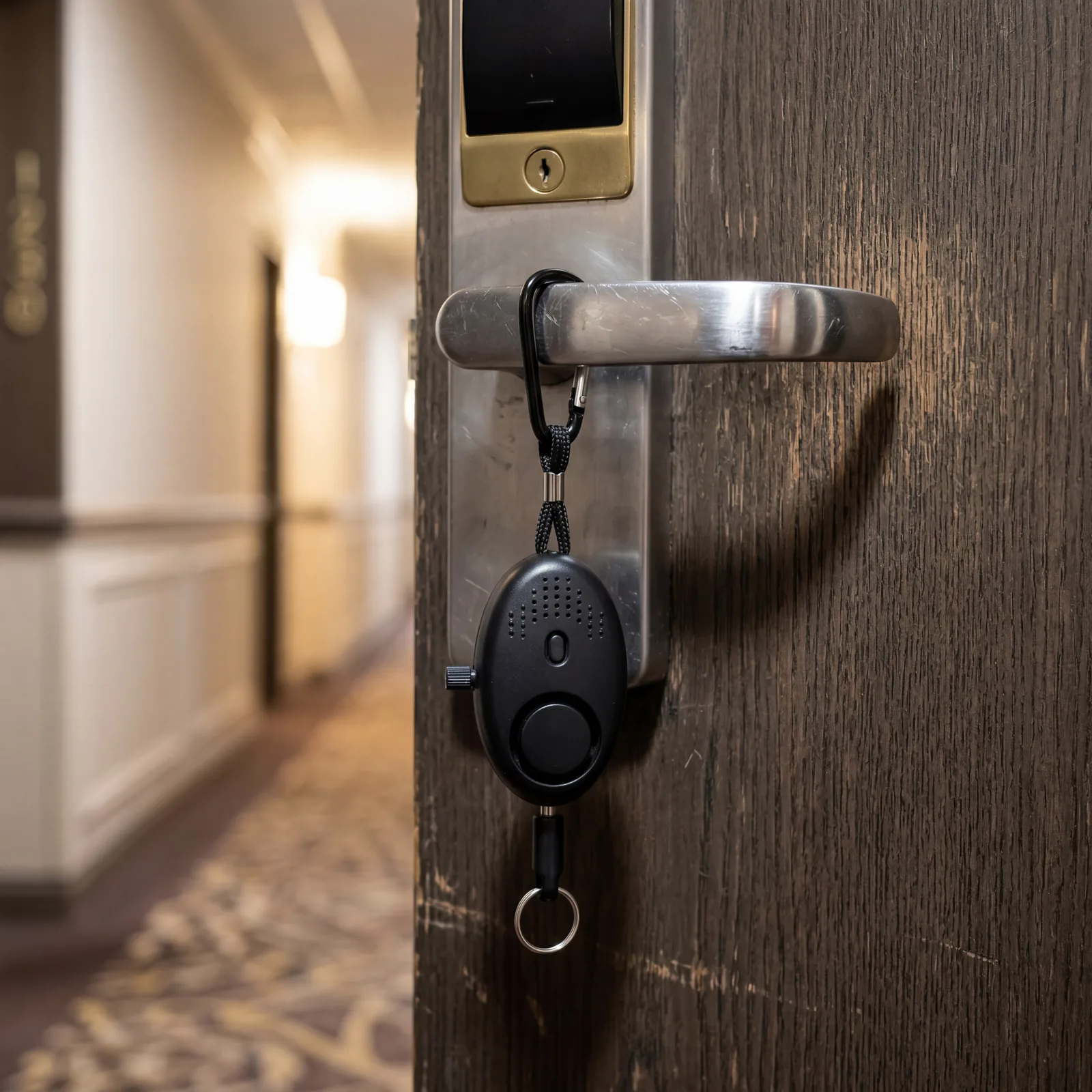 A small personal travel safety alarm attached to a hotel door handle, close-up, photorealistic, no text, no watermark, 16:9