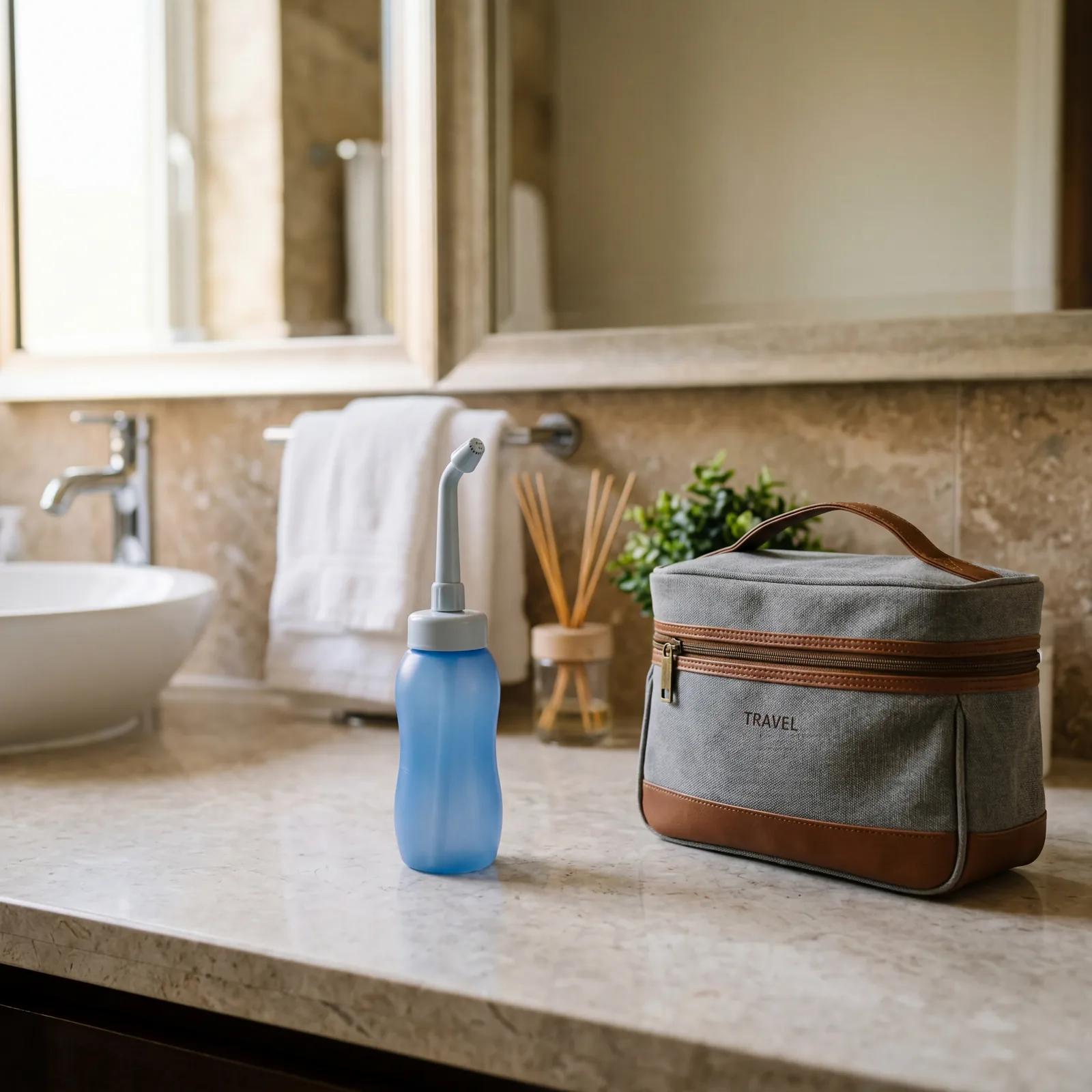 A small portable bidet squeeze bottle next to a travel toiletry bag on a hotel bathroom counter, clean and simple setting, photorealistic, warm editorial photography, no text, no watermark, 16:9