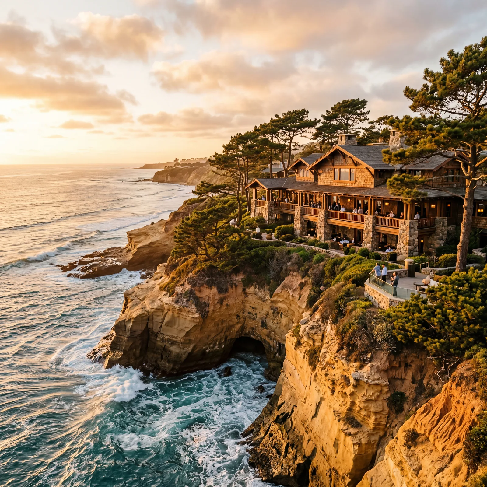 Craftsman-style lodge hotel perched on sandstone cliffs above the Pacific Ocean in La Jolla California, surrounded by Torrey pine trees, warm editorial travel photography, golden hour, photorealistic, no text, no watermark, 16:9