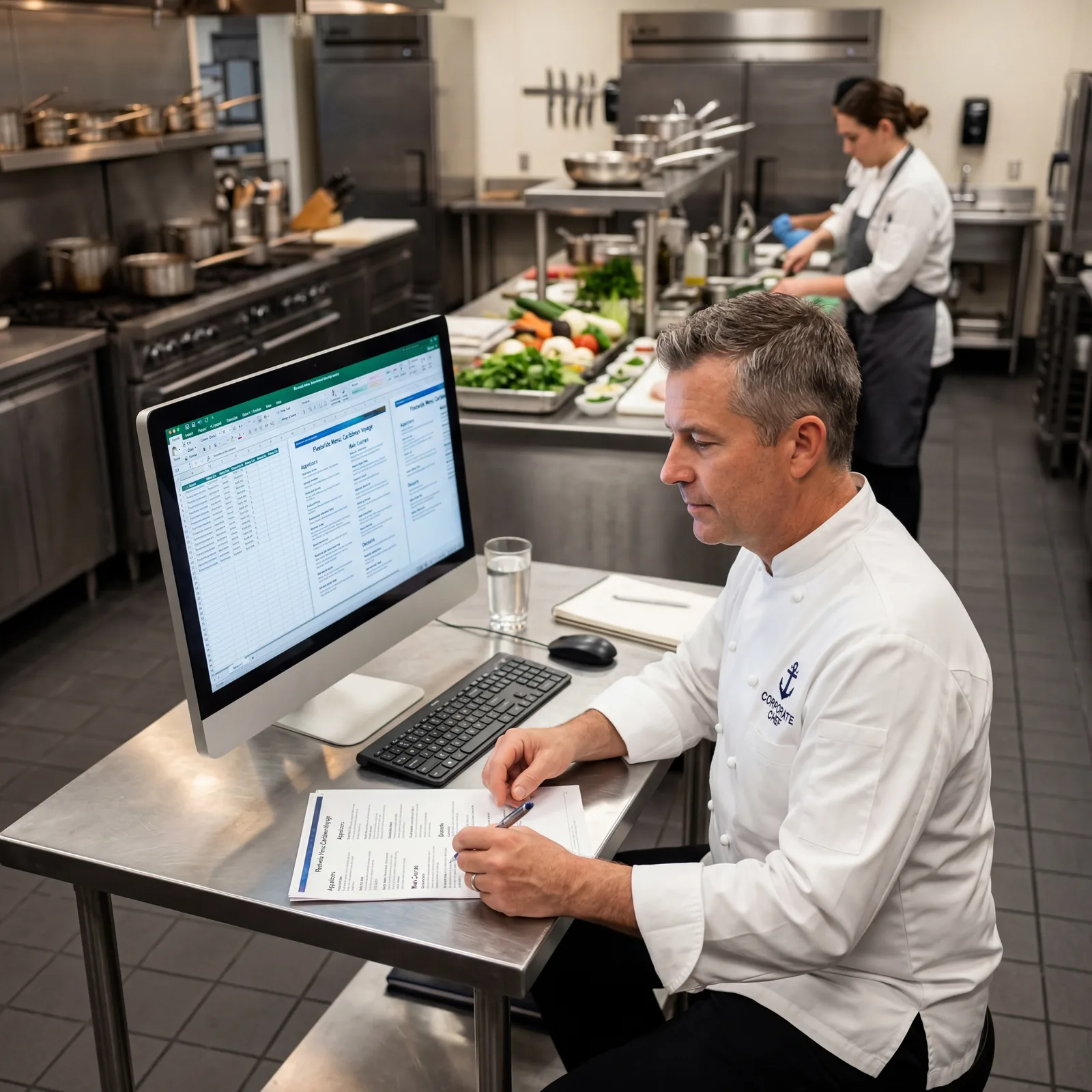 Cruise line corporate chef reviewing standardized fleet menu templates on a computer in a test kitchen, photorealistic, no text, no watermark, 16:9