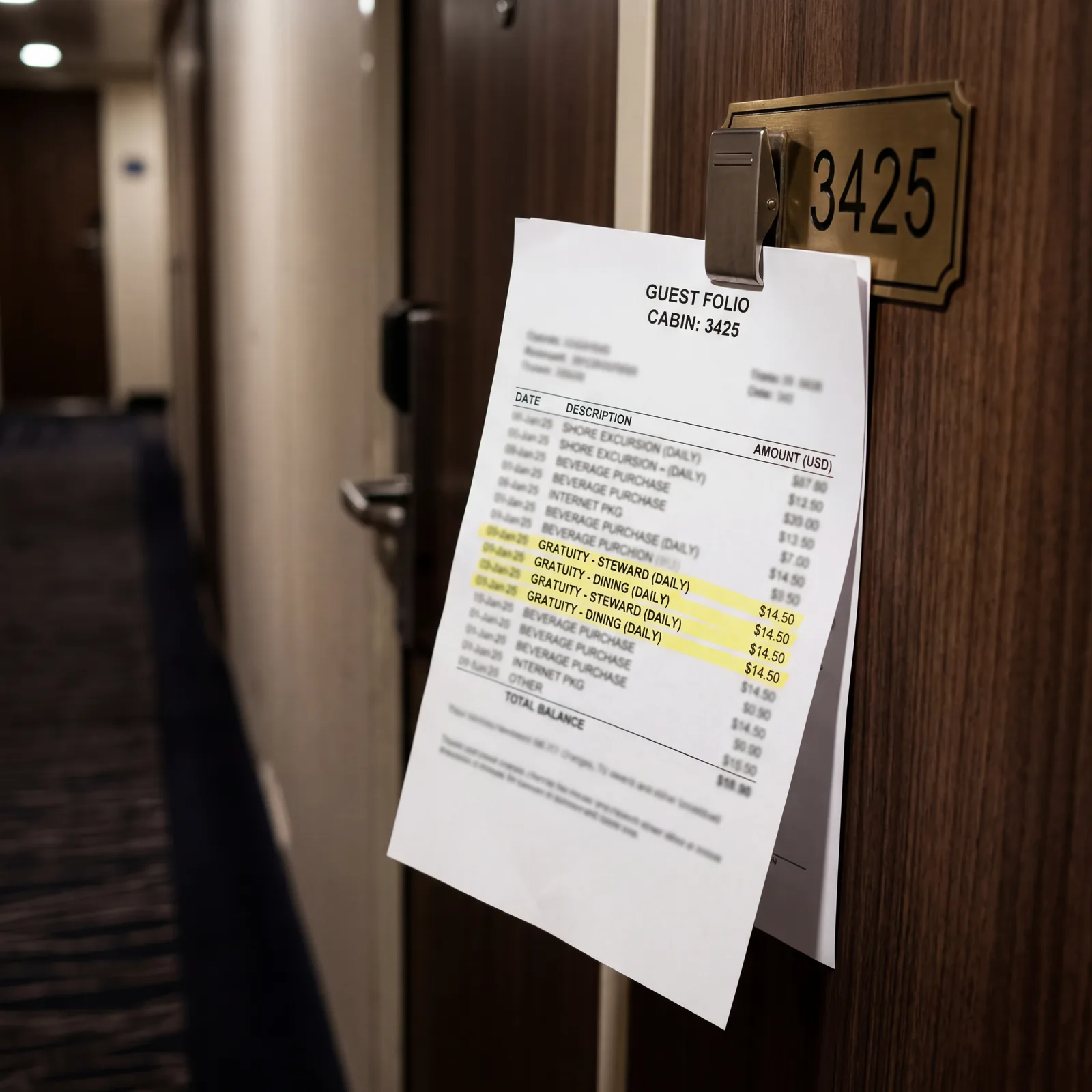 cruise ship bill on cabin door with gratuity charges highlighted, close-up realistic travel photography, no text, no watermark, 16:9