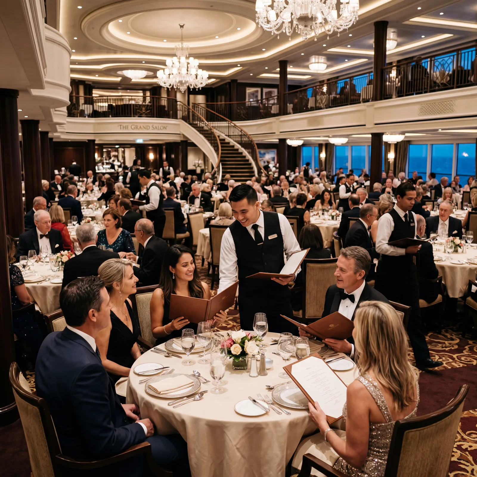 Cruise ship main dining room, formal dinner service, waitstaff presenting menus to seated passengers, elegant but busy atmosphere, editorial travel photography, photorealistic, no text, no watermark, 16:9