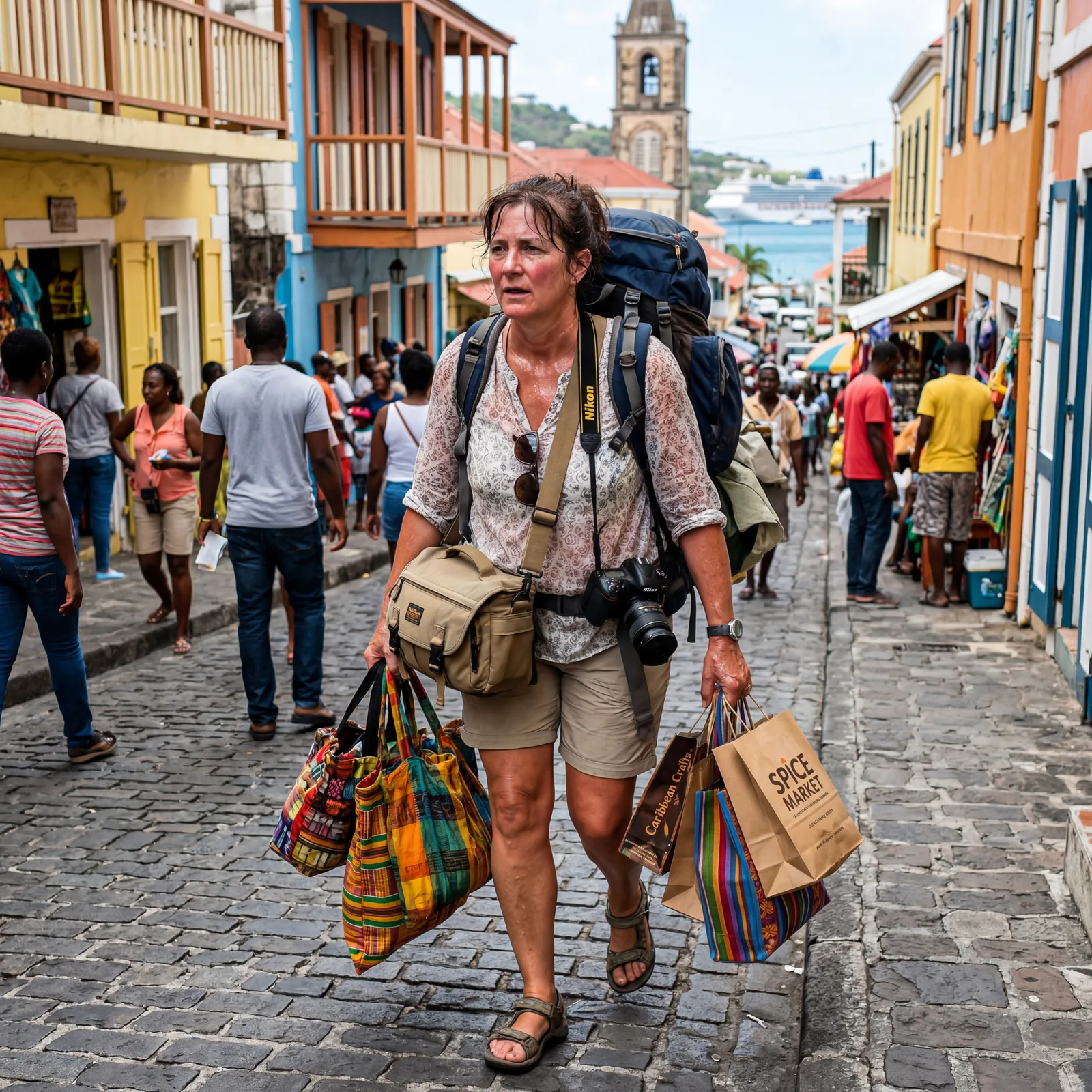 Cruise tourist weighed down with a heavy backpack, camera bag, and shopping bags on a Caribbean town walking tour, sweating, photorealistic, editorial travel photography, no text, no watermark, 16:9