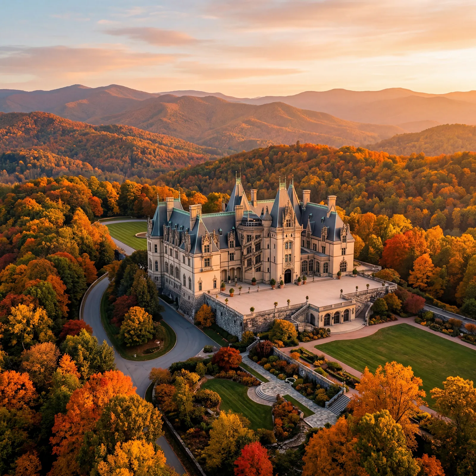 Gothic chateau Biltmore Estate mansion in Asheville North Carolina surrounded by Blue Ridge Mountains in autumn, warm editorial travel photography, golden hour, photorealistic, no text, no watermark, 16:9
