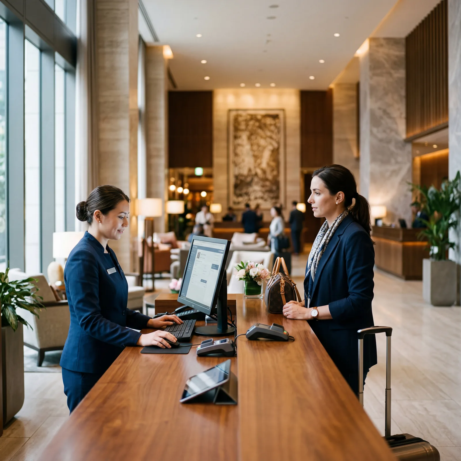 Hotel check-in counter, staff member reviewing guest profile on screen, guest standing attentively, professional hotel lobby, editorial photography, photorealistic, no text, no watermark, 16:9