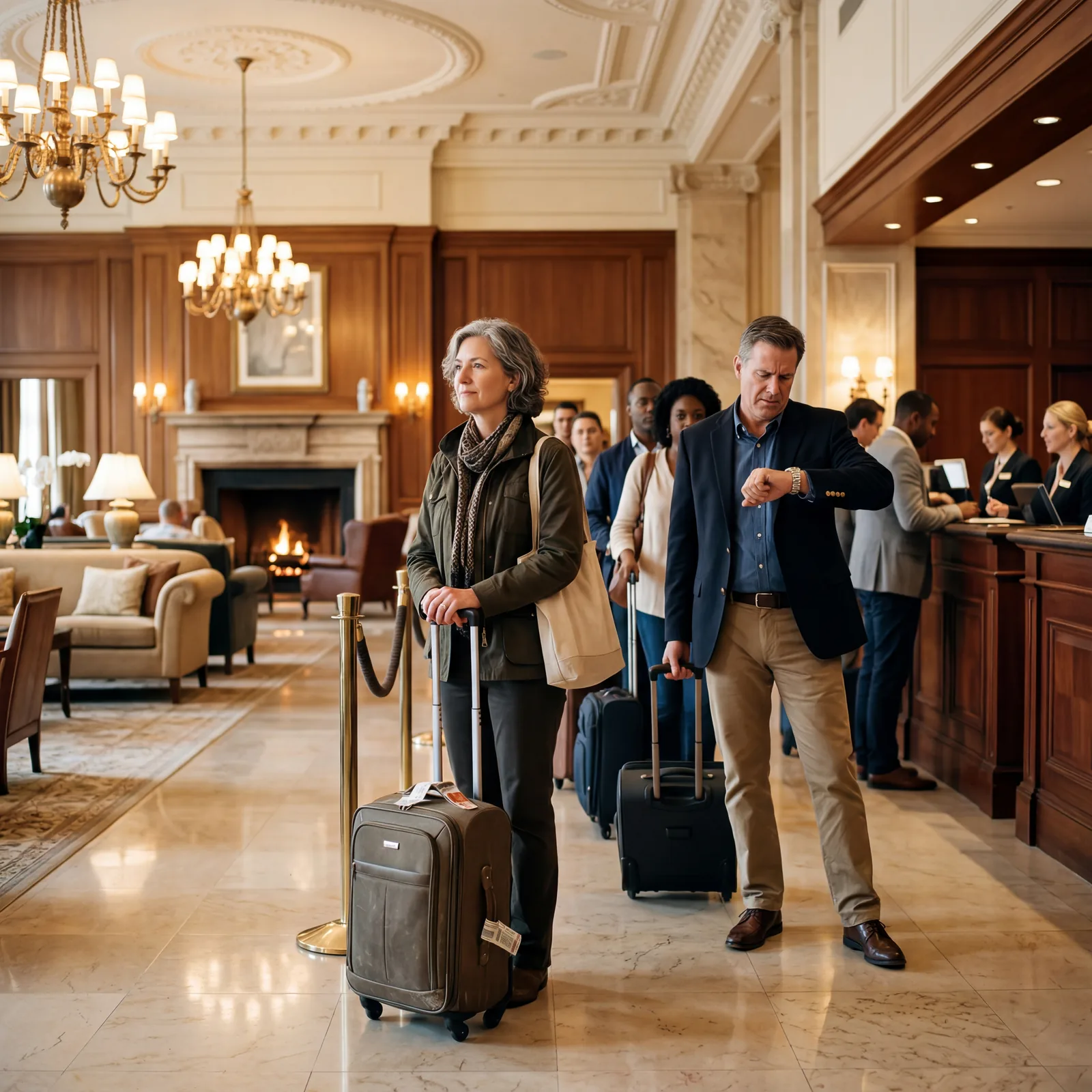 Hotel lobby check-in queue, patient American traveler waiting calmly vs impatient guest checking watch repeatedly, upscale hotel interior, warm editorial travel photography, photorealistic, no text, no watermark, 16:9