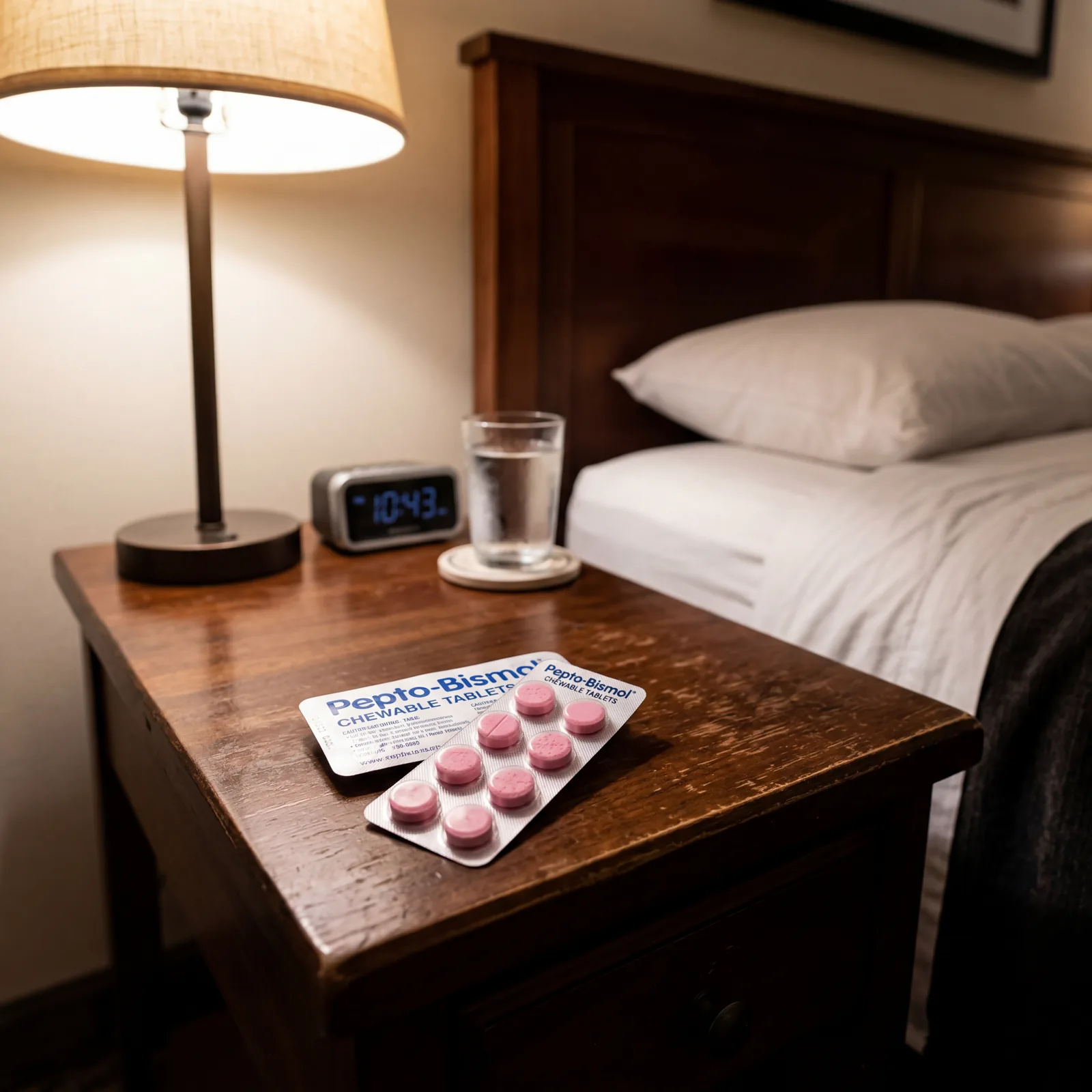 Pink Pepto-Bismol chewable tablets in a small travel-size packet sitting on a hotel nightstand, photorealistic, no text, no watermark, 16:9